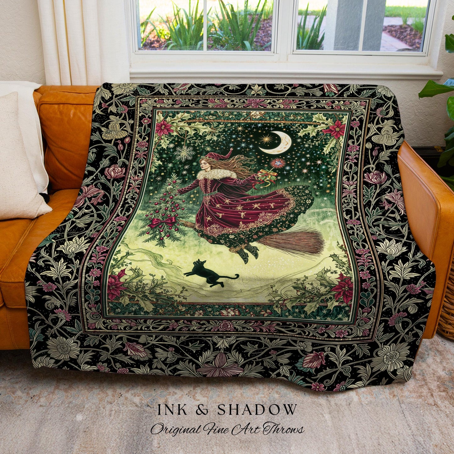 Snowy Magic Celestial Witch Blanket | Gothic Magic Black Cat Woven Tapestry Broomstick Ride Moon Stars Botanical Frame Mystical Folklore Art