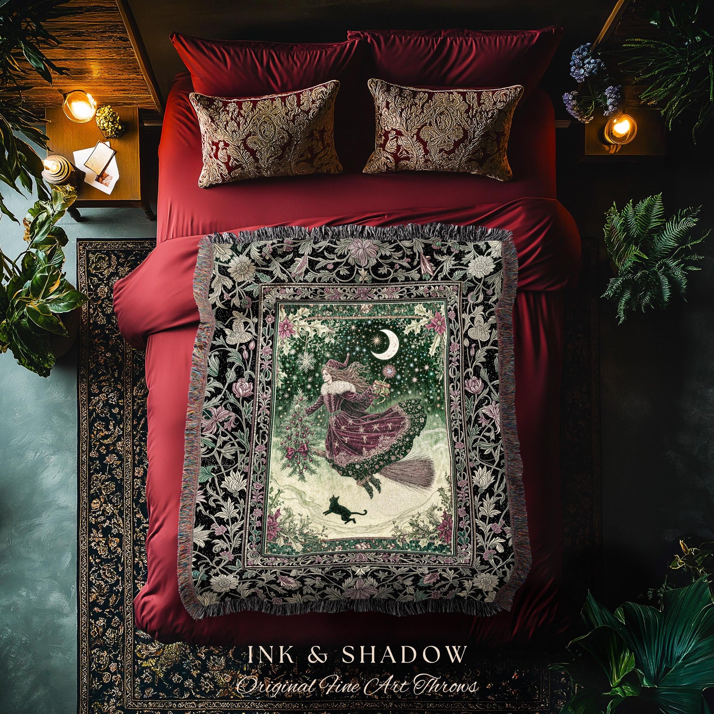 Snowy Magic Celestial Witch Blanket | Gothic Magic Black Cat Woven Tapestry Broomstick Ride Moon Stars Botanical Frame Mystical Folklore Art
