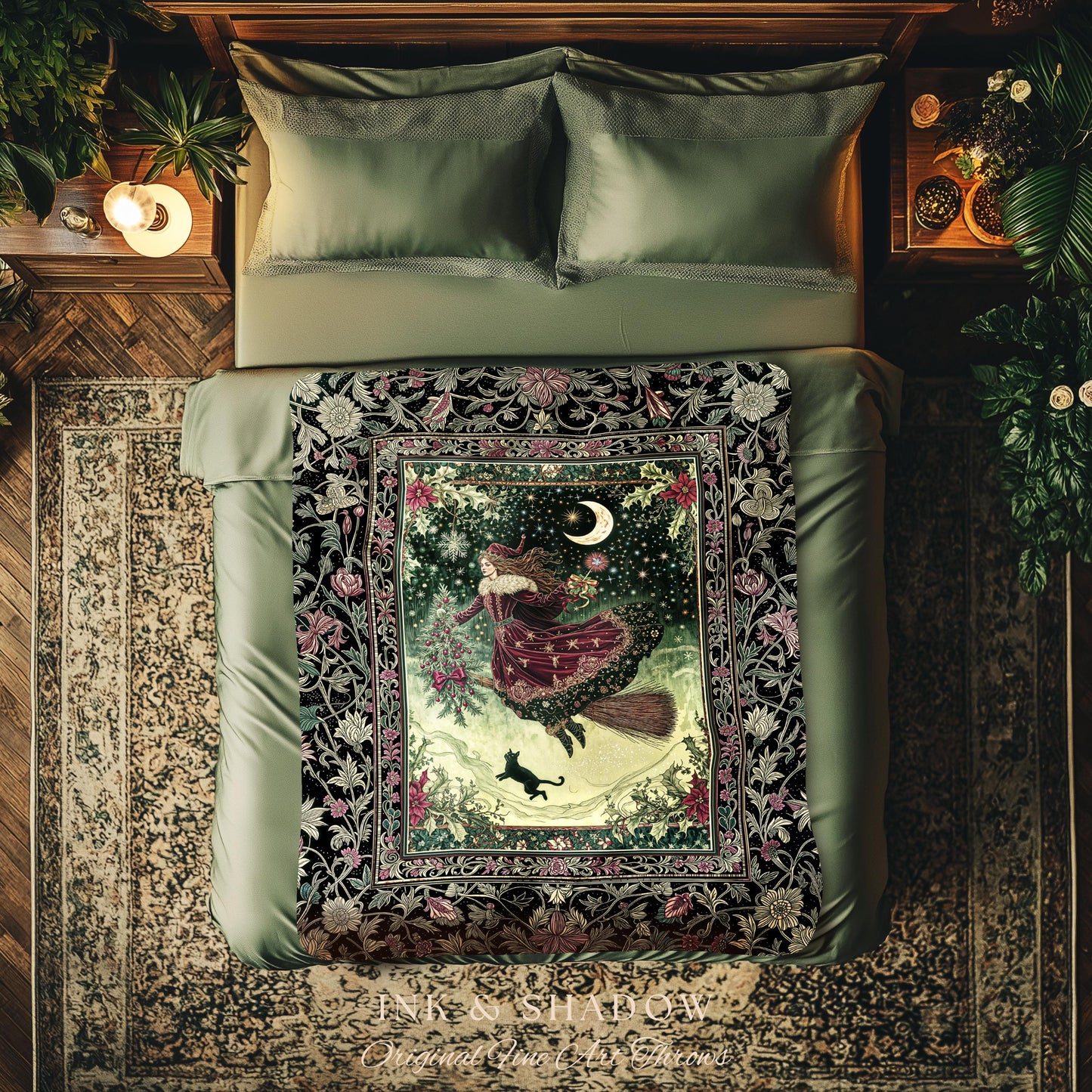 Snowy Magic Celestial Witch Blanket | Gothic Magic Black Cat Woven Tapestry Broomstick Ride Moon Stars Botanical Frame Mystical Folklore Art