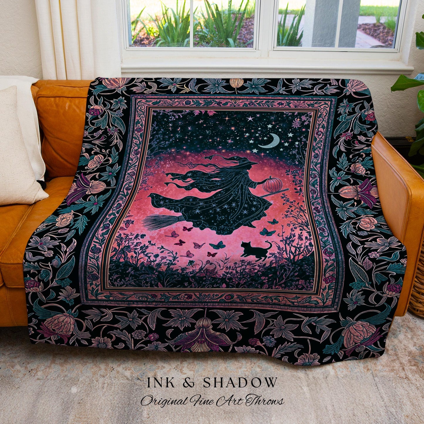 Moody Magenta Witch Silhouette Blanket | Whimsigoth Aesthetic Flying Broomstick Black Cat Halloween Moon Magic Night Gothic Folklore Art |