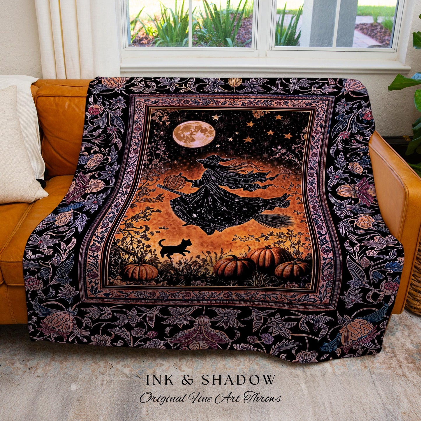 Harvest Moon Spooky Witch Woven Blanket | Enchanted Black Cat Moody Wall Tapestry Gothic Decor Folklore Aesthetic Celestial Night Whimsical