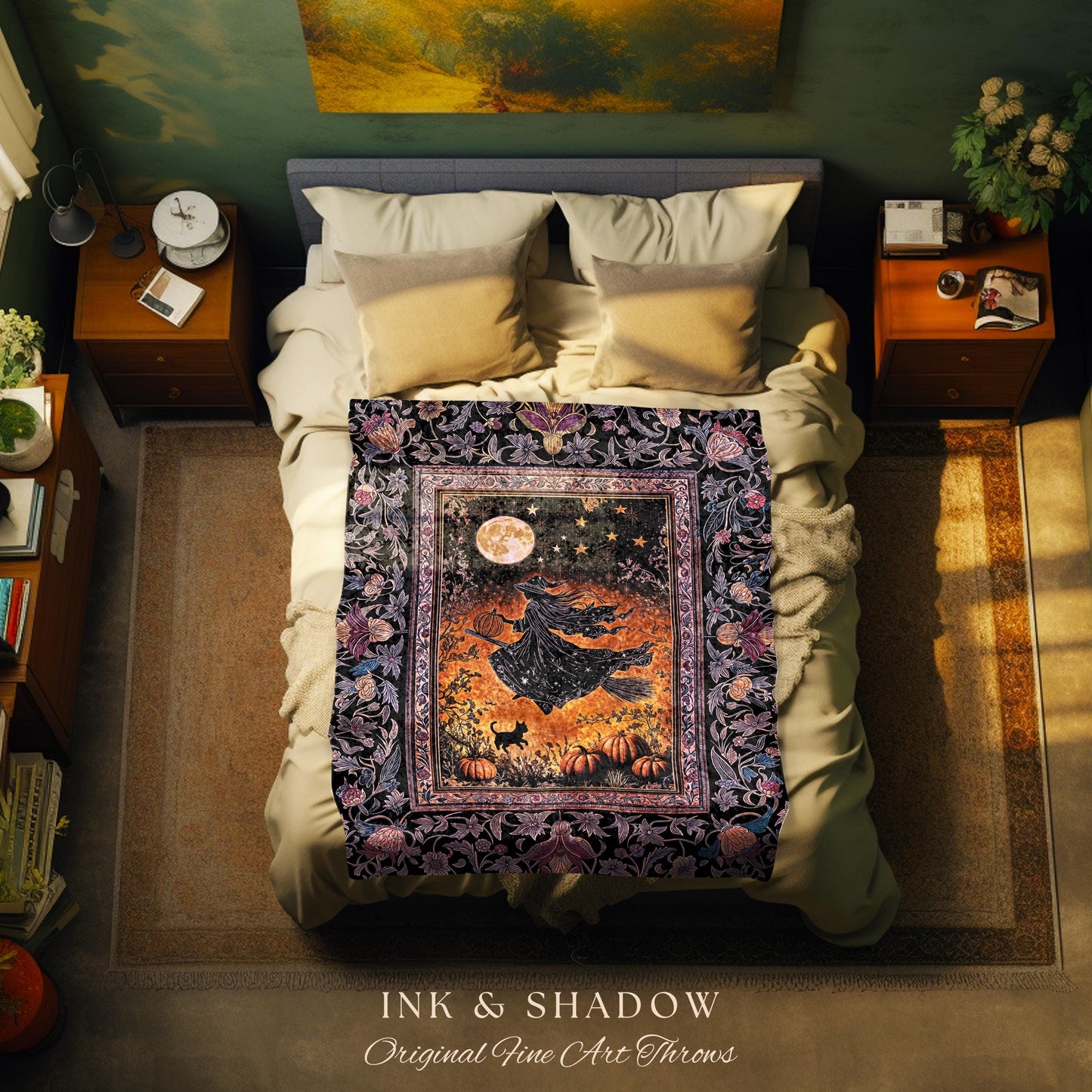 Harvest Moon Spooky Witch Woven Blanket | Enchanted Black Cat Moody Wall Tapestry Gothic Decor Folklore Aesthetic Celestial Night Whimsical