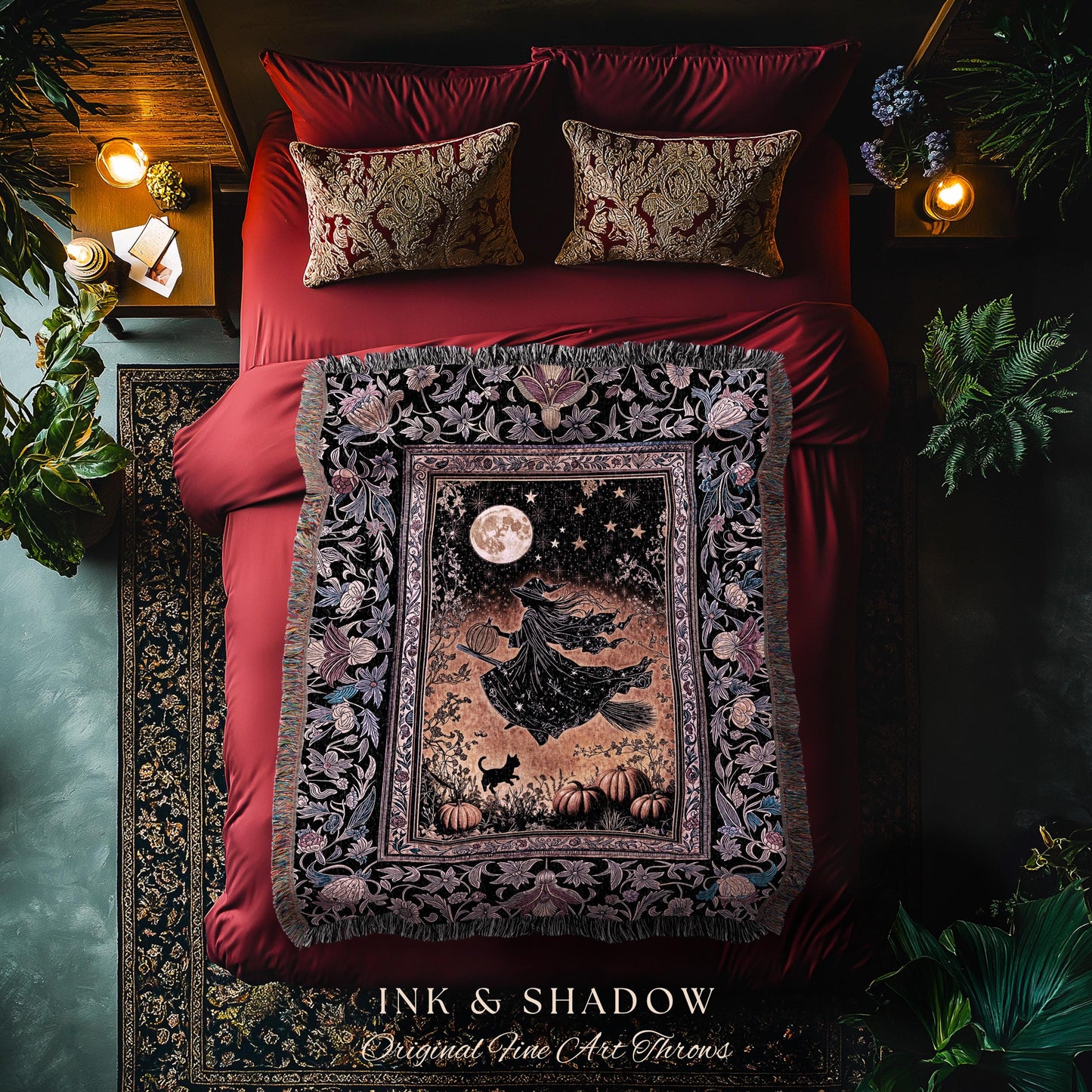 Harvest Moon Spooky Witch Woven Blanket | Enchanted Black Cat Moody Wall Tapestry Gothic Decor Folklore Aesthetic Celestial Night Whimsical