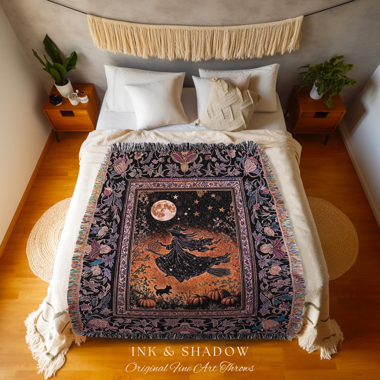 Harvest Moon Spooky Witch Woven Blanket | Enchanted Black Cat Moody Wall Tapestry Gothic Decor Folklore Aesthetic Celestial Night Whimsical