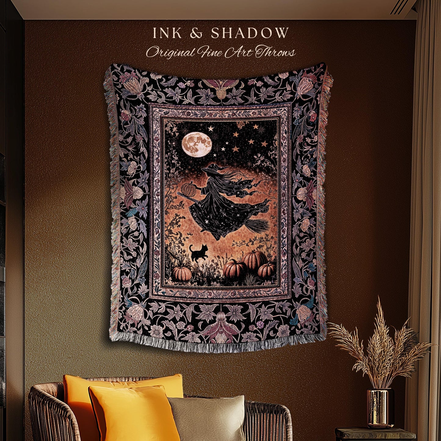 Harvest Moon Spooky Witch Woven Blanket | Enchanted Black Cat Moody Wall Tapestry Gothic Decor Folklore Aesthetic Celestial Night Whimsical