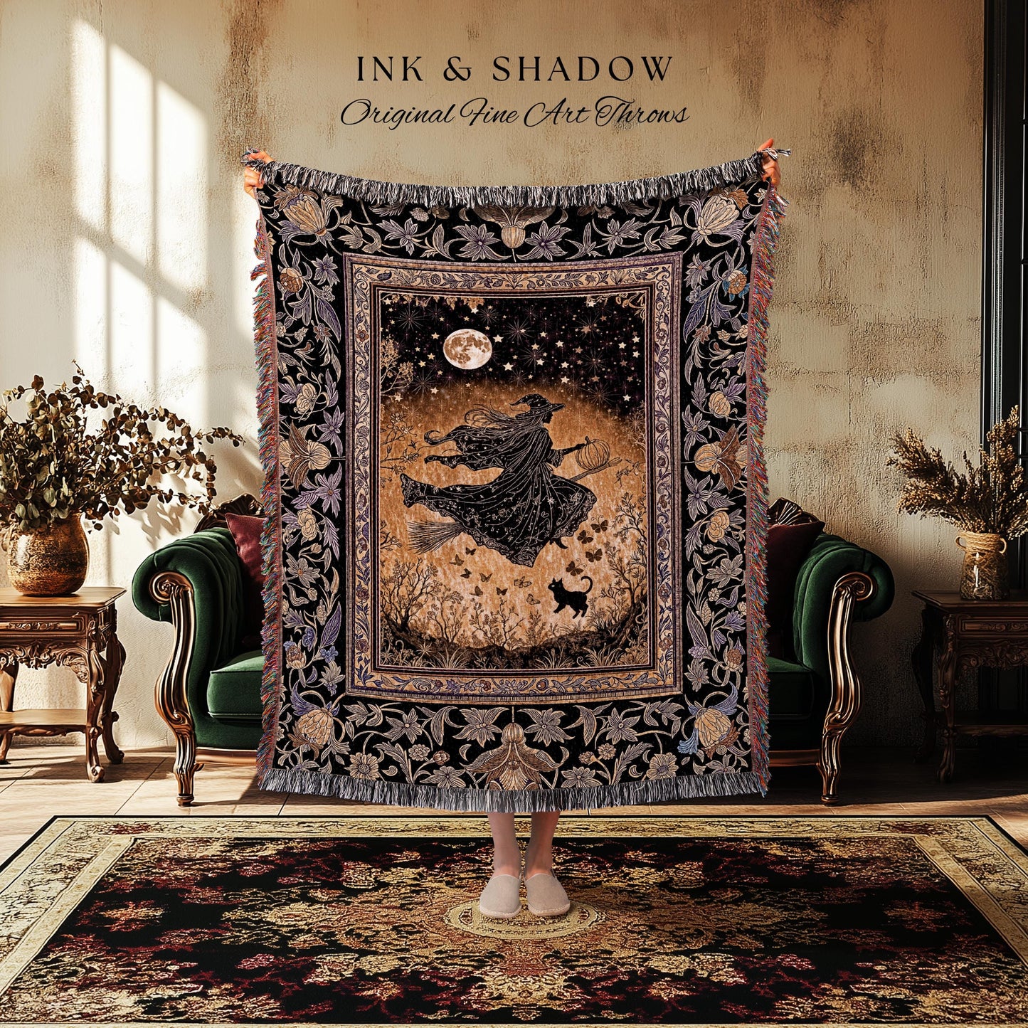 Golden Witch Autumn Throw Blanket | Moonlit Gothic Halloween Magic Decor Folklore Style Whimsigoth Night Sky Enchanted Woven Wall Tapestry