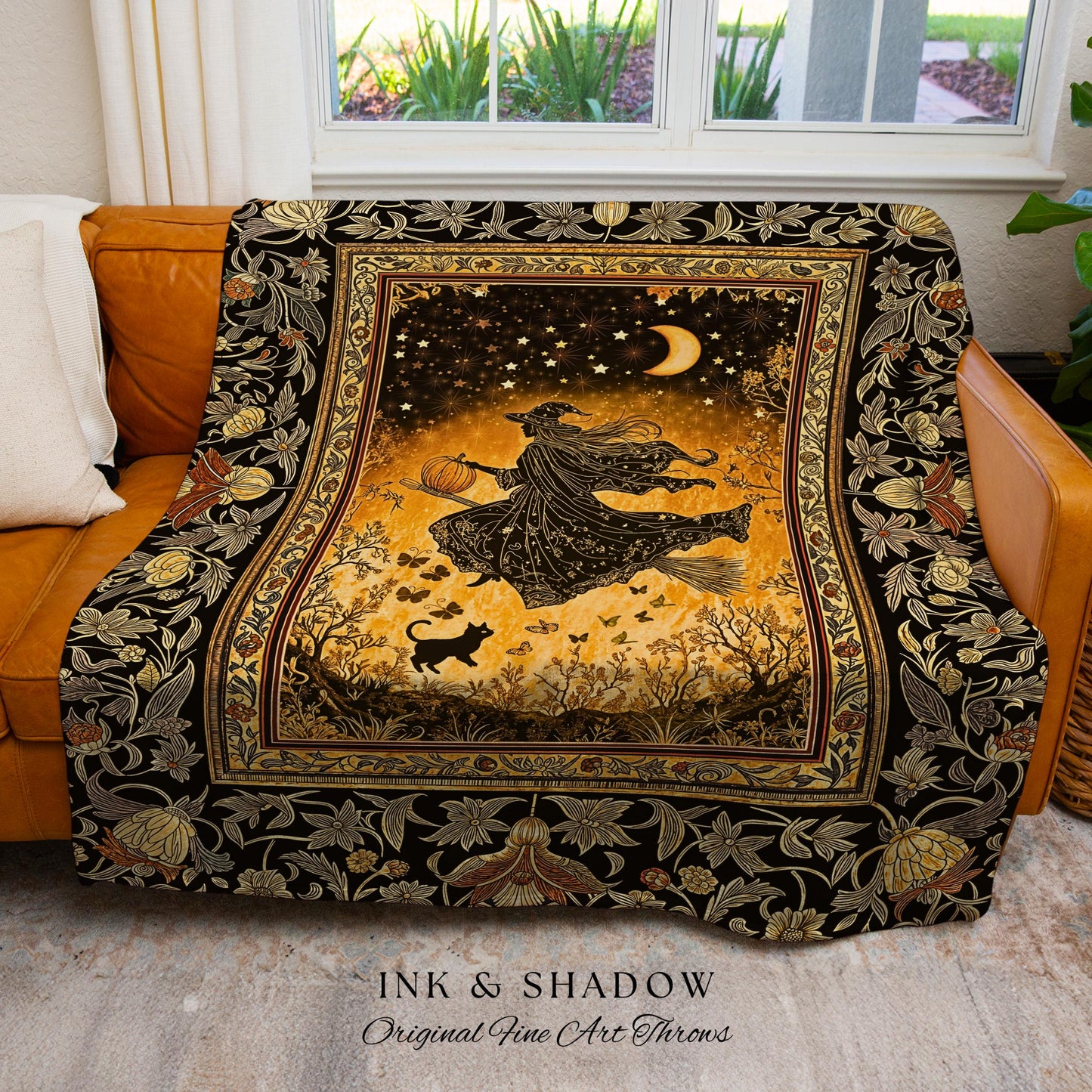 Amber Witch Gothic Folklore Blanket | Celestial Black Cat Halloween Decor Maximalist Woven Wall Tapestry Folklore Aesthetic Cottagecore |