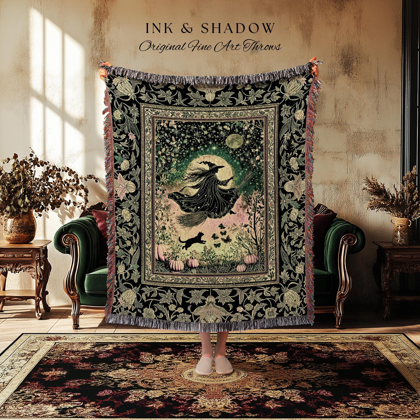 Emerald Sky Flying Witch Throw Blanket | Fall Pumpkin Field Woven Wall Tapestry Whimsigoth Aesthetic Celestial Folk Art Autumn Decor Magic