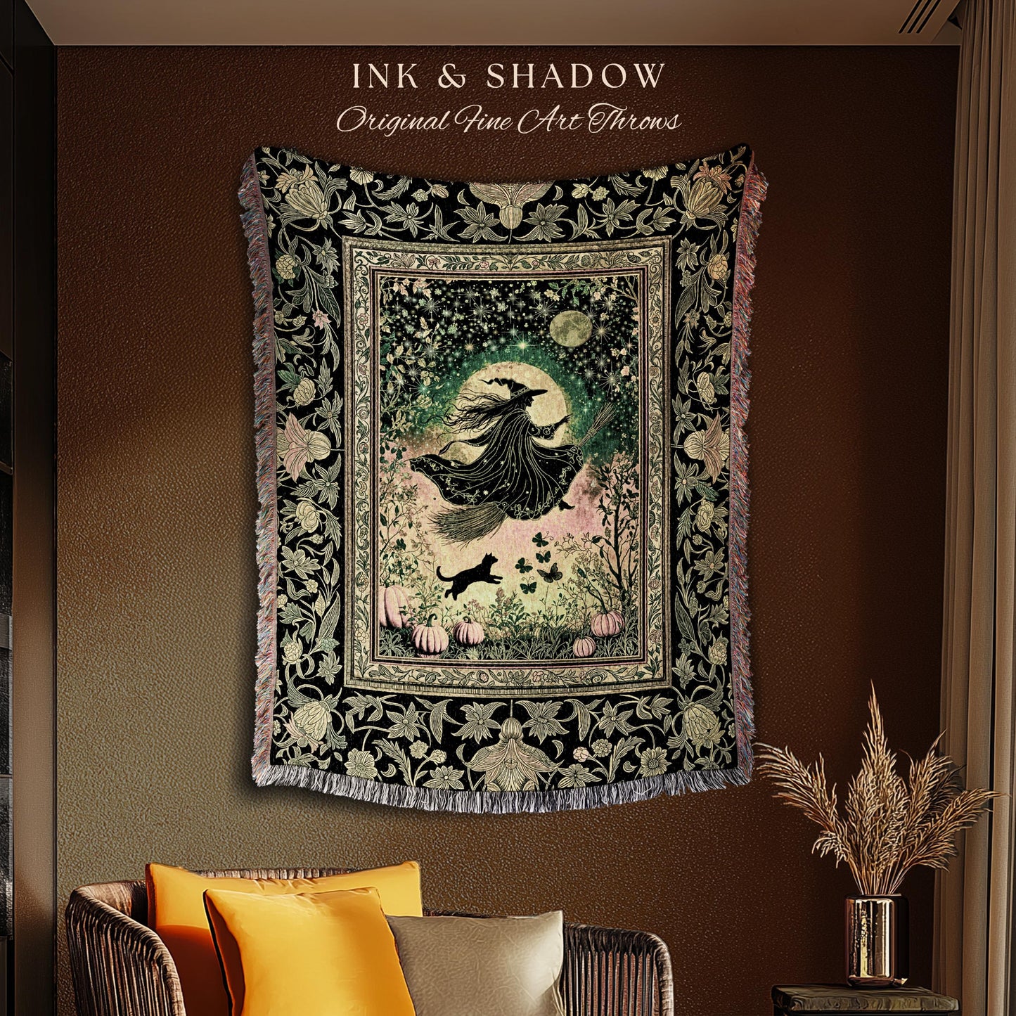 Emerald Sky Flying Witch Throw Blanket | Fall Pumpkin Field Woven Wall Tapestry Whimsigoth Aesthetic Celestial Folk Art Autumn Decor Magic