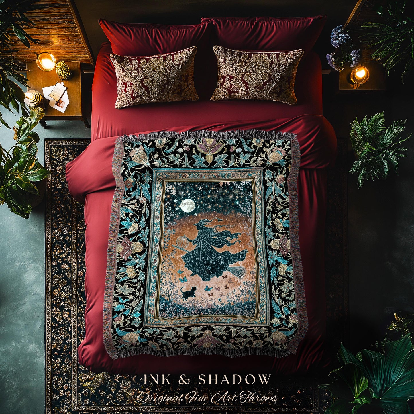 Autumn Aesthetic Witchy Tapestry Blanket | Fall Gothic Dark Cottagecore Decor Moonlight Magic Black Cat Whimsigoth Maximalist Halloween |