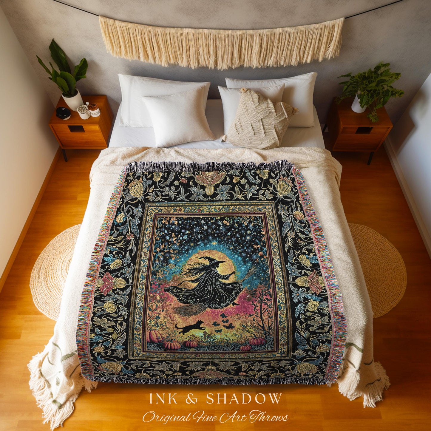Starlit Storybook Witch Tapestry Blanket | Flying Broomstick Gothic Ethereal Aesthetic Broomstick Magic Celestial Whimsical Decor Enchanted
