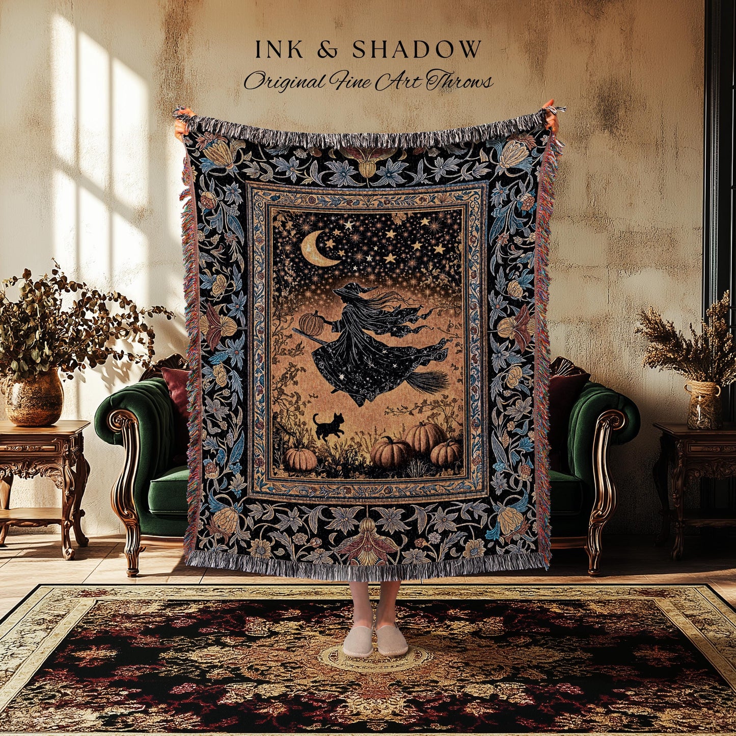 Autumn Golden Gothic Sky Tapestry | Celestial Black Cat Woven Throw Blanket Whimsigoth Decor Mystic Aesthetic Pumpkin Enchanted Magic Style