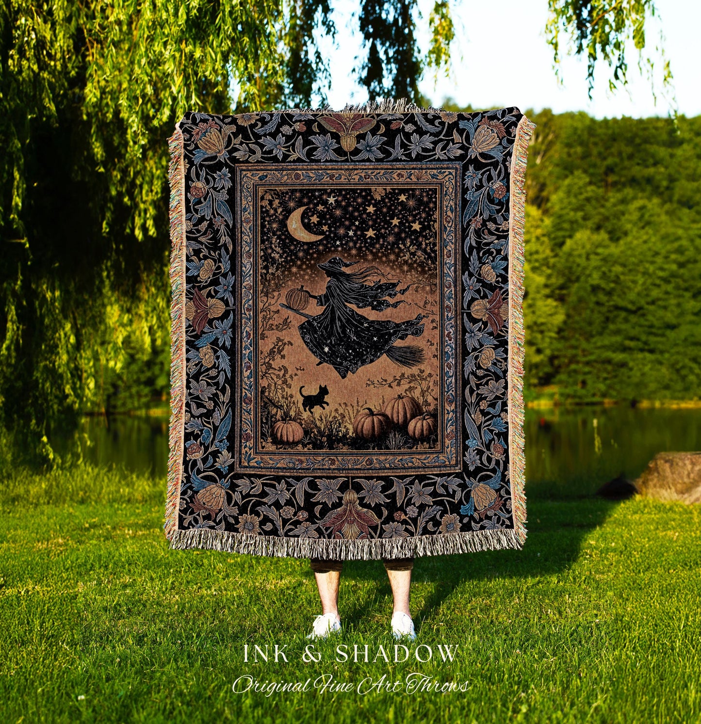 Autumn Golden Gothic Sky Tapestry | Celestial Black Cat Woven Throw Blanket Whimsigoth Decor Mystic Aesthetic Pumpkin Enchanted Magic Style