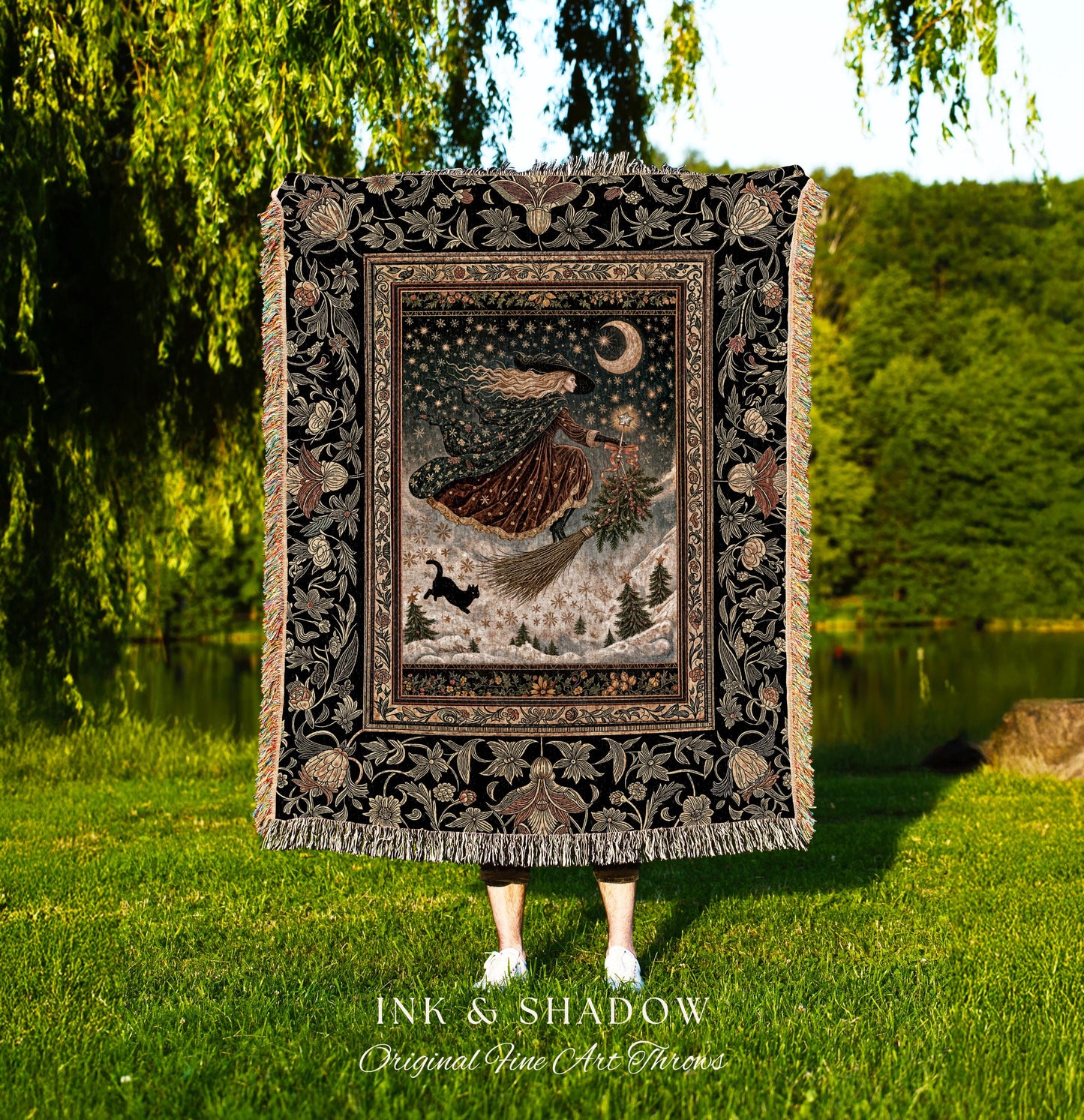 Winter Folklore Witch Tapestry Blanket | Enchanted Cottagecore Decor Mystic Aesthetic Black Cat Gothic Elegance Celestial Storybook Throw |