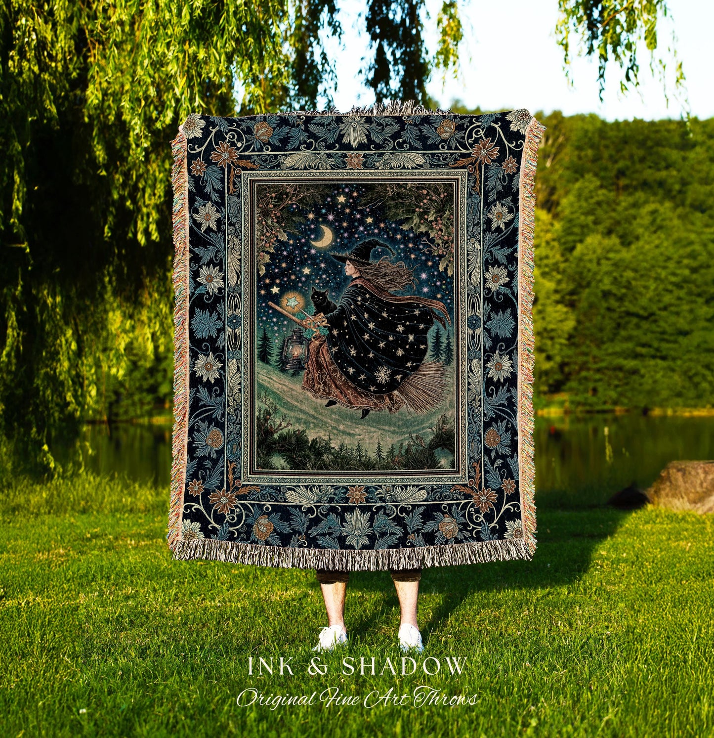 Nostalgic Storybook Witch Blanket | Gothic Woven Tapestry Enchanted Black Cat Magic Dark Academia Broomstick Moonlit Decor Throw Ethereal |