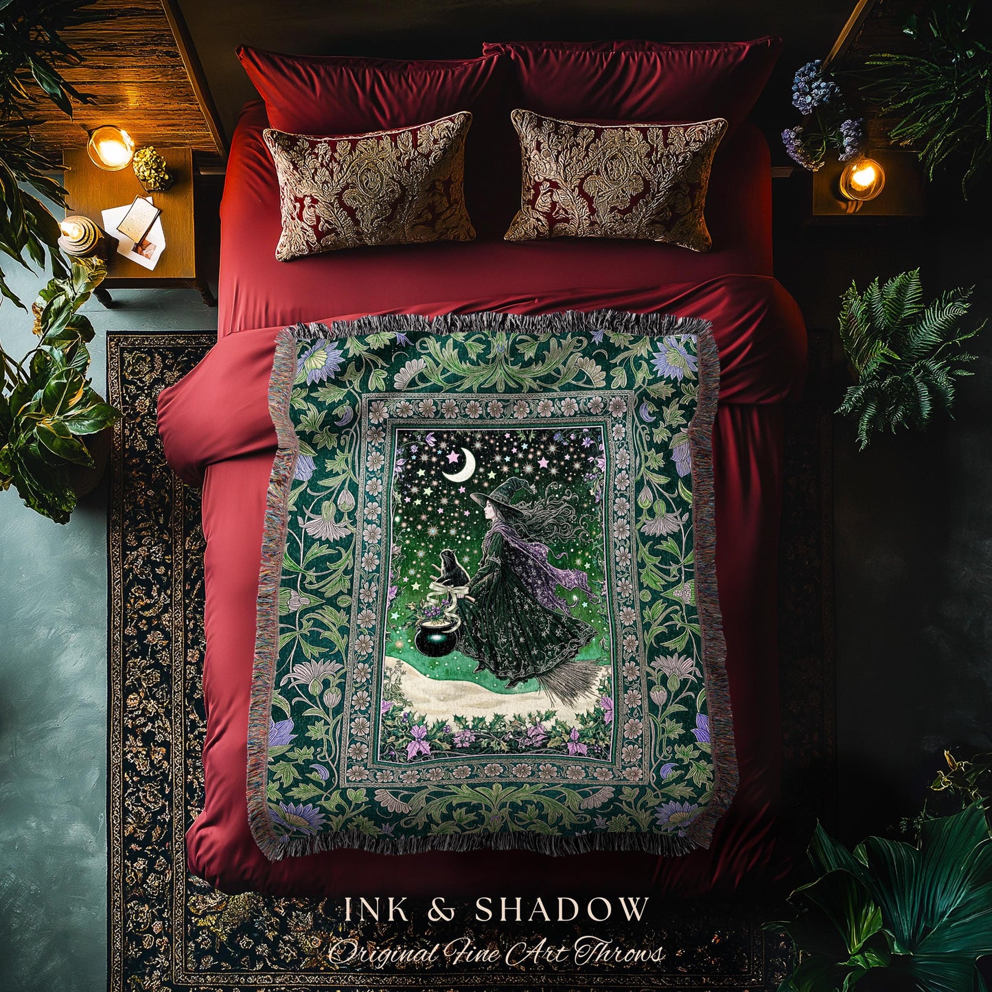 Botanical Witch Flying Broomstick Throw | Whimsigoth Tapestry Blanket Gothic Cat Mystic Midnight Magic Aesthetic Green Sky Moonlight Decor