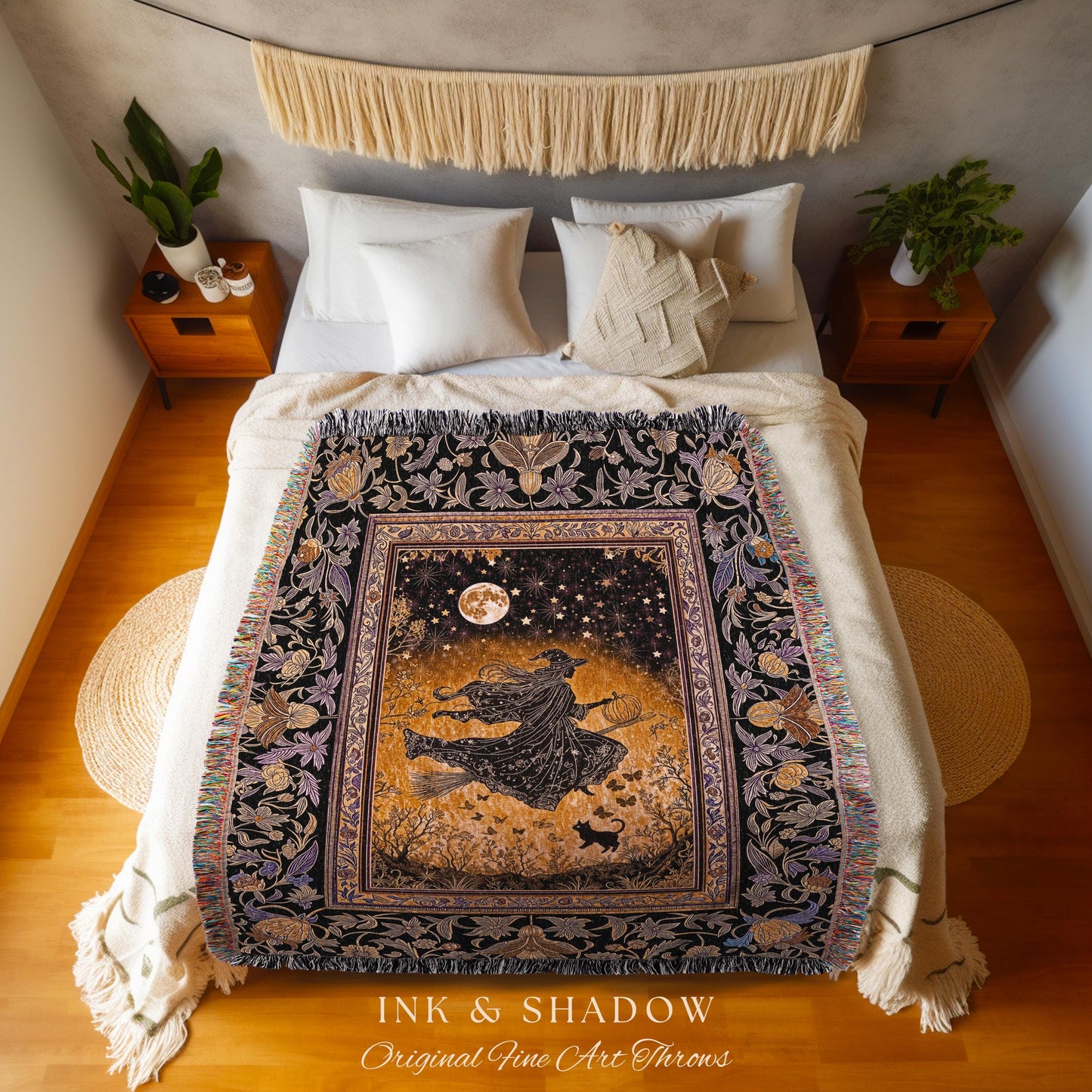 Golden Witch Autumn Throw Blanket | Moonlit Gothic Halloween Magic Decor Folklore Style Whimsigoth Night Sky Enchanted Woven Wall Tapestry