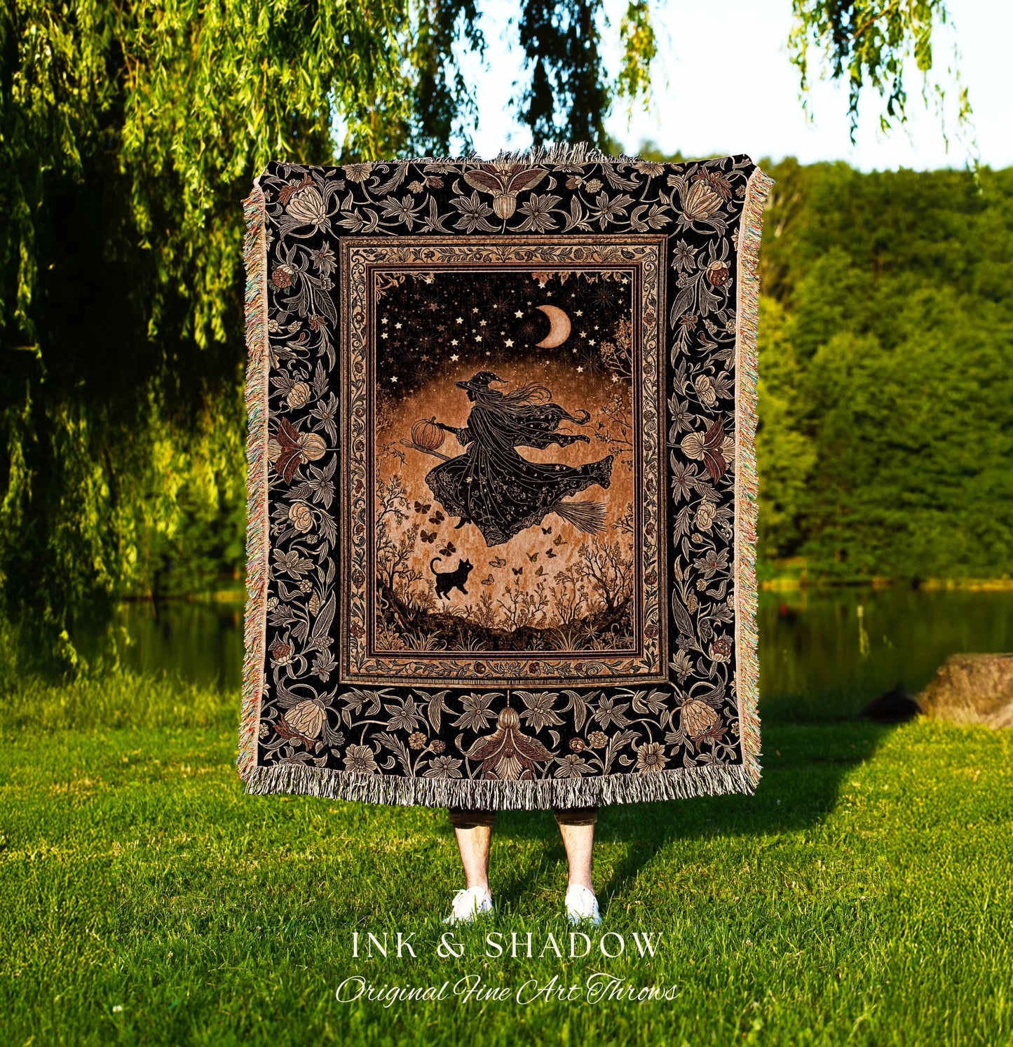 Amber Witch Gothic Folklore Blanket | Celestial Black Cat Halloween Decor Maximalist Woven Wall Tapestry Folklore Aesthetic Cottagecore |
