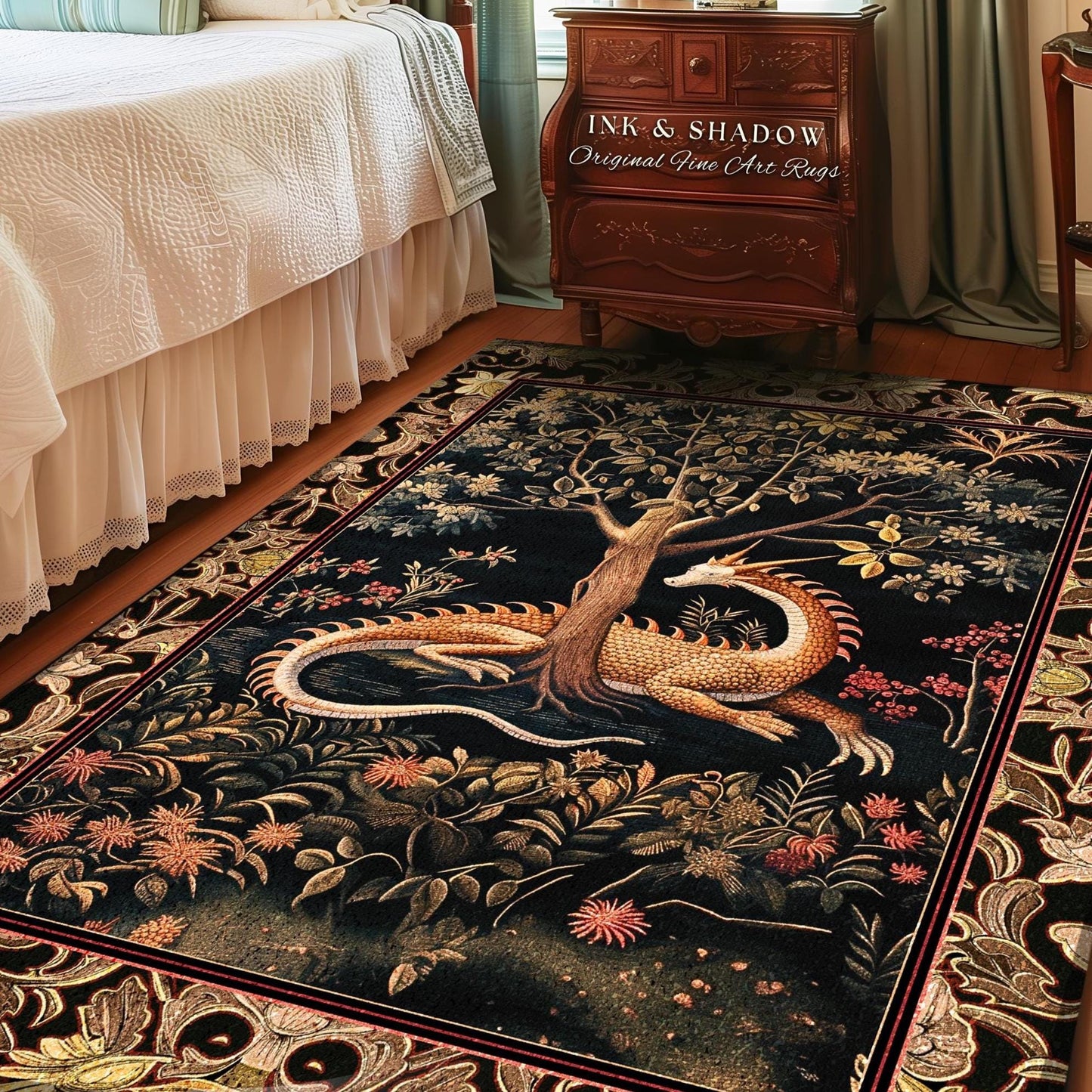 Ancient Dragon Art Area Rug Mystical Enchanting Forest Decor | Antique Baroque Aesthetic Academia Dark Fantasy Ethereal Rug Folklore Home