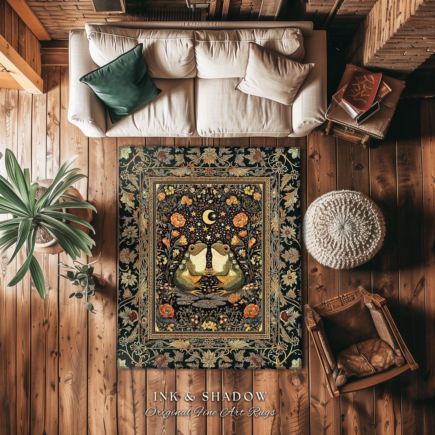 Folklore Aesthetic Frog Area Rug | Scandi Bohemian Bedroom Accent Whimsical Eclectic Woodland Theme Cute Cottagecore Style Mushroomcore Art