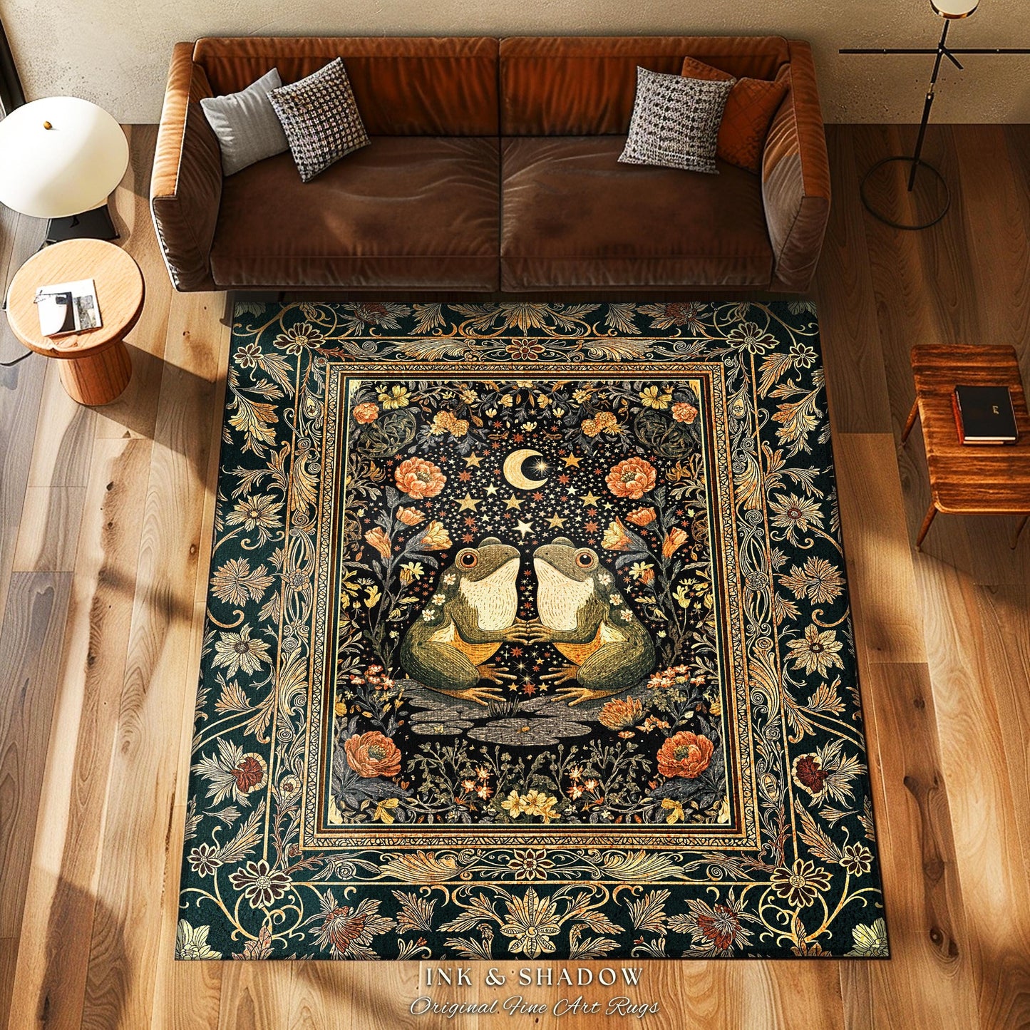 Folklore Aesthetic Frog Area Rug | Scandi Bohemian Bedroom Accent Whimsical Eclectic Woodland Theme Cute Cottagecore Style Mushroomcore Art