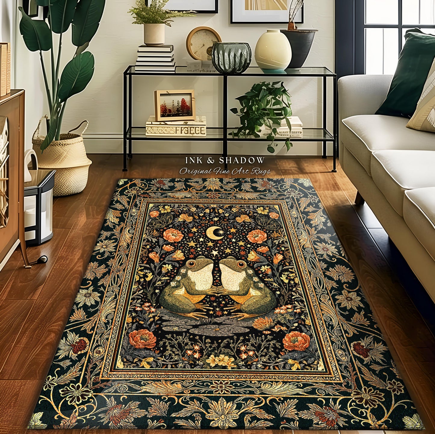 Folklore Aesthetic Frog Area Rug | Scandi Bohemian Bedroom Accent Whimsical Eclectic Woodland Theme Cute Cottagecore Style Mushroomcore Art