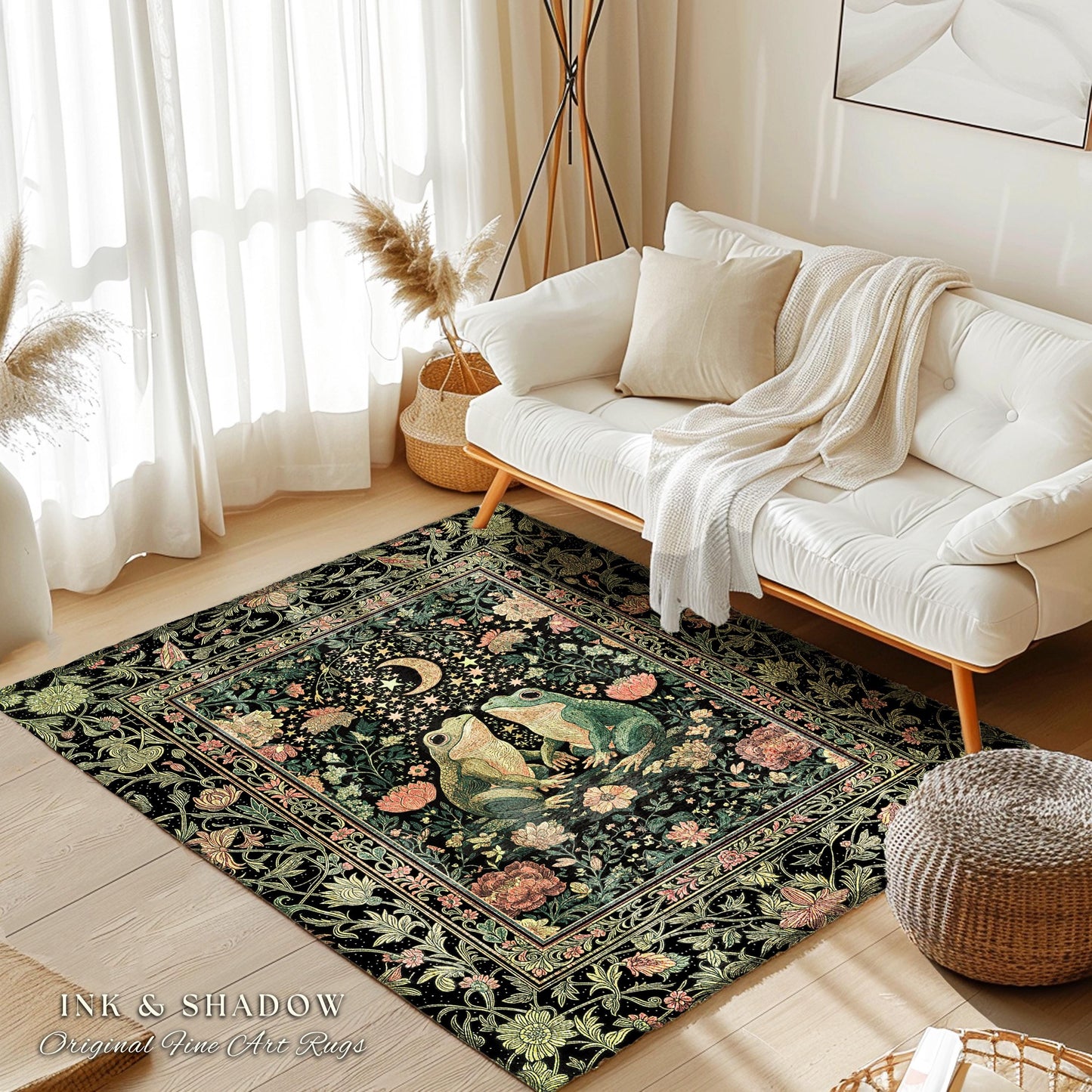 Moonlit Celestial Frog Lovers Area Rug | Fairycore Bedroom Accent Folklore Enchanted Forest Fairy Inspired Decor Cottagecore Whimsy Floral |
