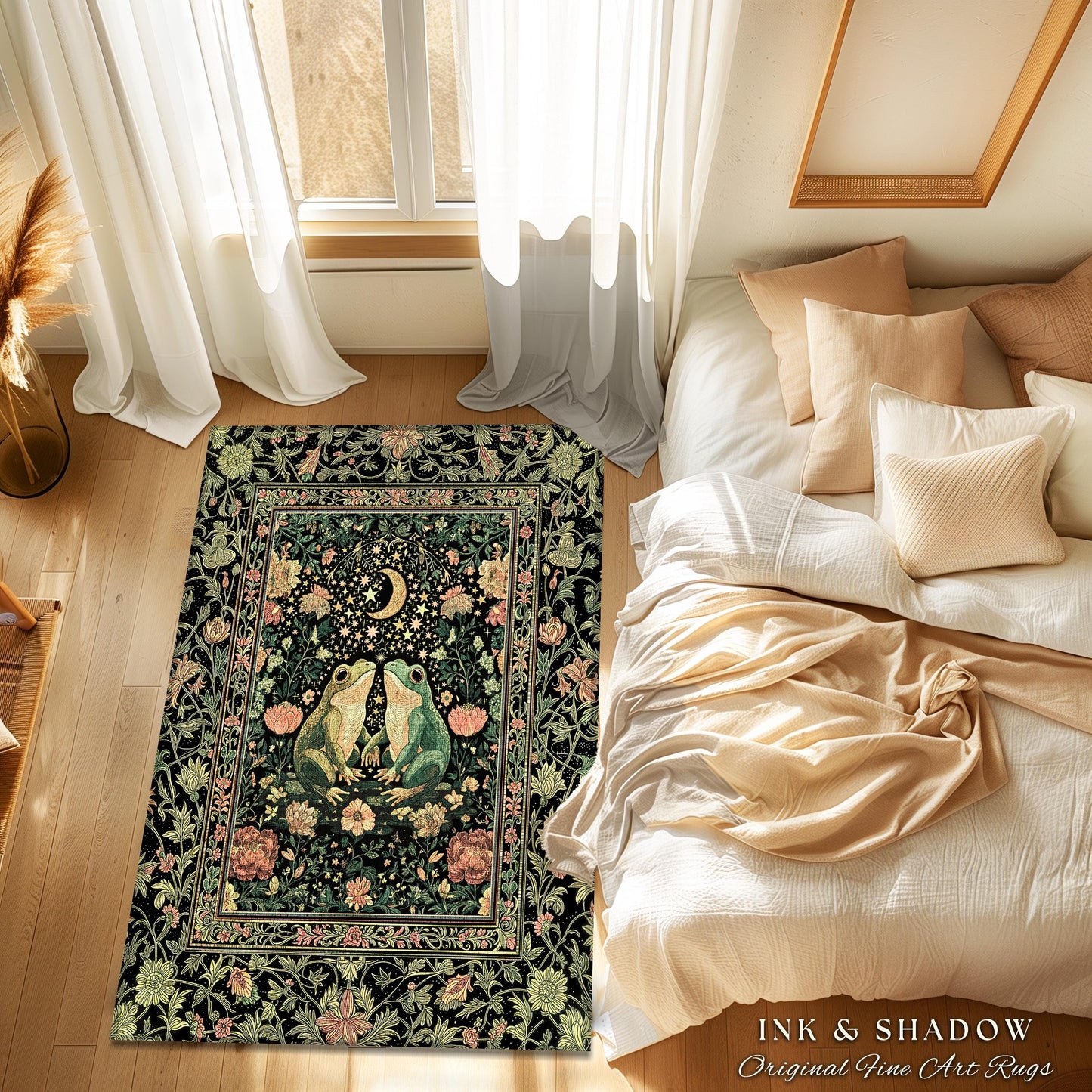 Moonlit Celestial Frog Lovers Area Rug | Fairycore Bedroom Accent Folklore Enchanted Forest Fairy Inspired Decor Cottagecore Whimsy Floral |