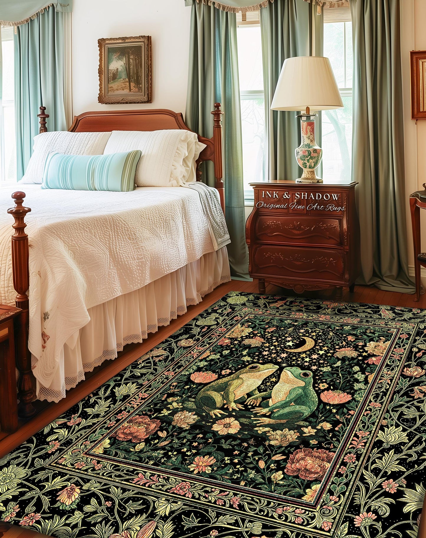 Moonlit Celestial Frog Lovers Area Rug | Fairycore Bedroom Accent Folklore Enchanted Forest Fairy Inspired Decor Cottagecore Whimsy Floral |