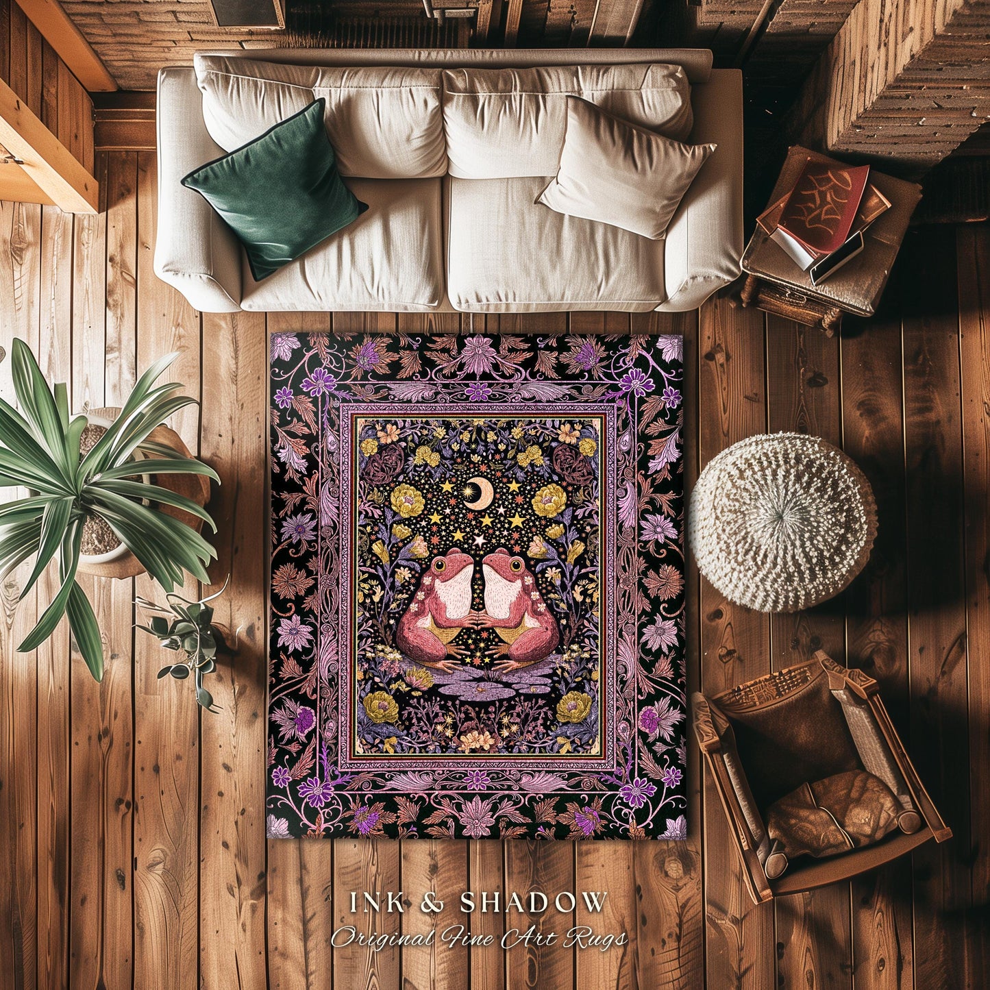 Pastel Goblincore Frog Couple Rug | Cottagecore Area Decor Whimsigothic Style Enchanted Forest Fairycore Bedroom Dark Botanical Whimsy Boho