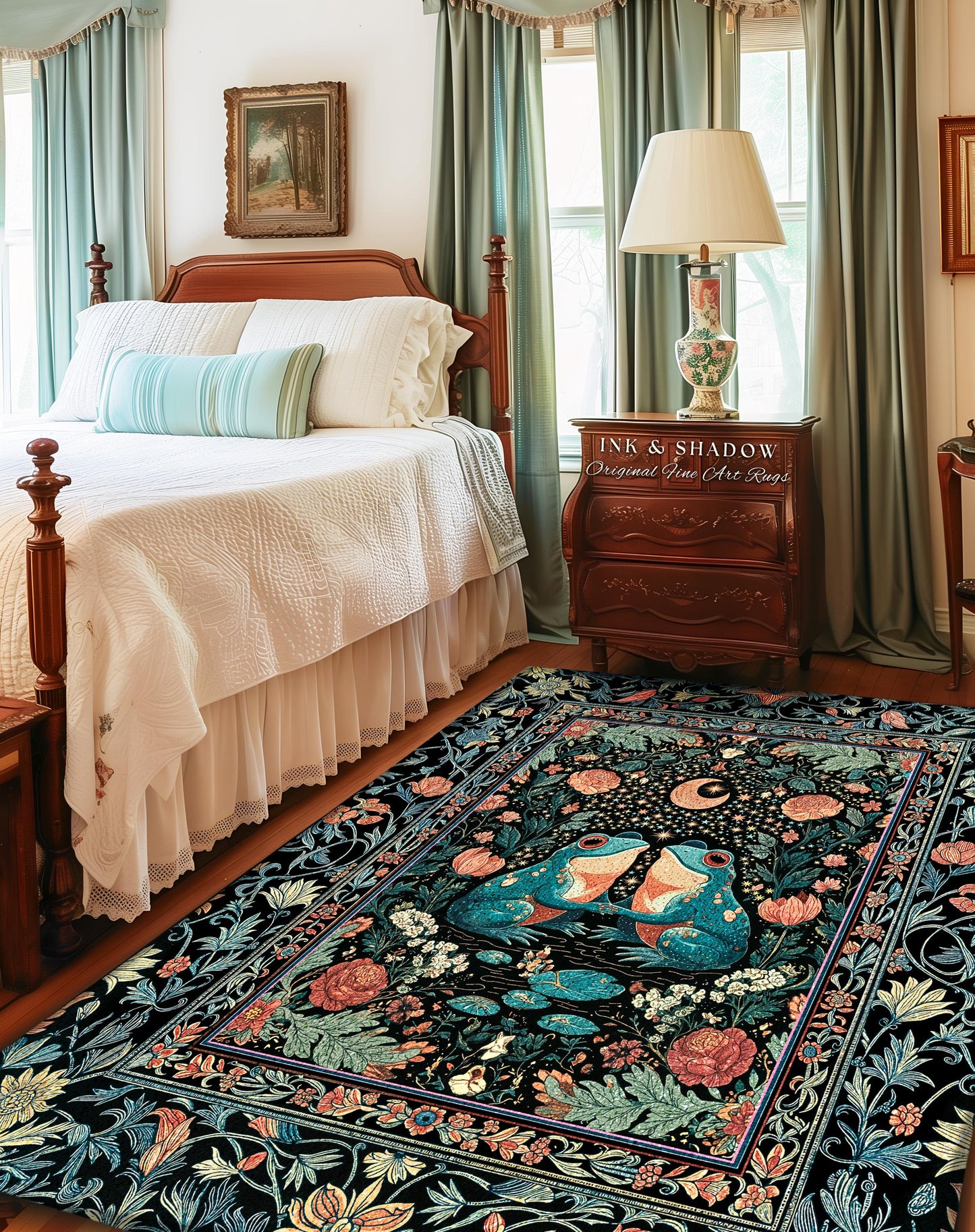 Colorful Frog Couple Floral Rug | Whimsical Bedroom Accent Woodland Fantasy Cottagecore Fairycore Aesthetic Enchanted Garden Creatures Cute