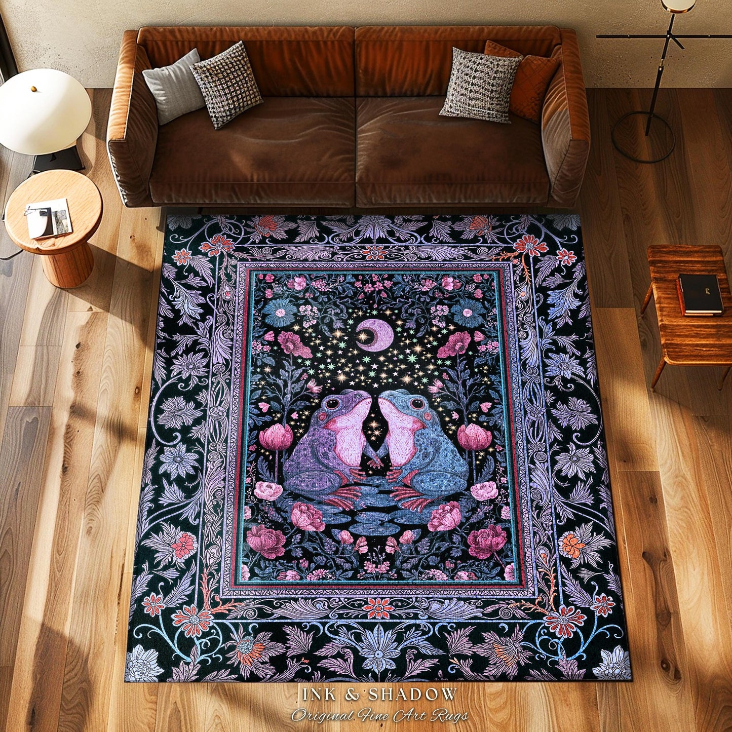 Dreamy Lavender Woodland Area Rug | Boho Fairycore Bedroom Accent Cute Frog Couple Mystic Theme Pastel Purple Decor Whimsigothic Aesthetic