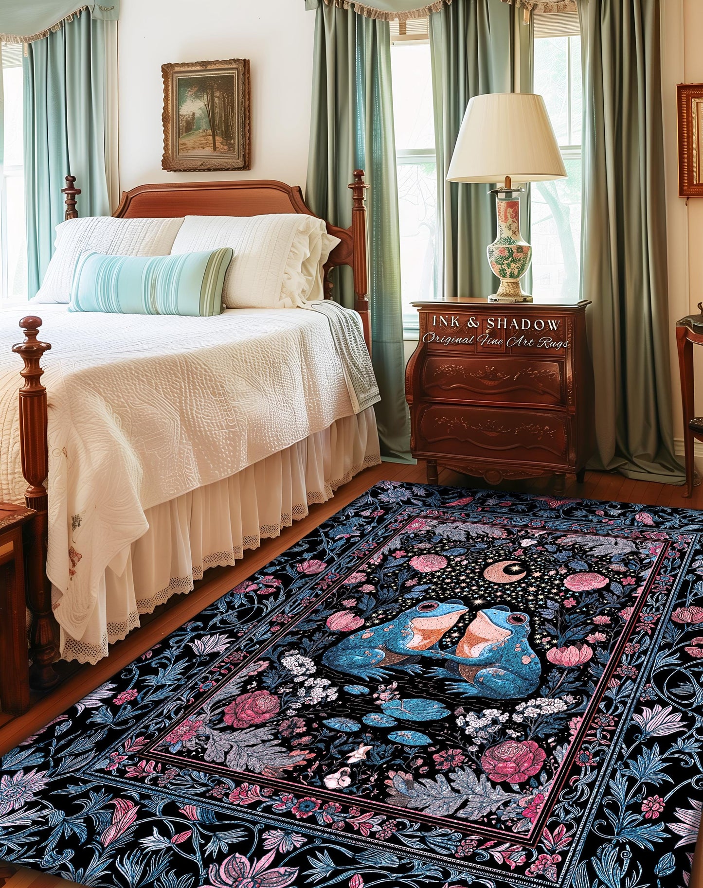 Bohemian Frogs Whimsical Accent Rug | Enchanted Woodland Forest Theme Folklore Decor Mystical Fairycore Aesthetic Whimsigoth Celestial Motif