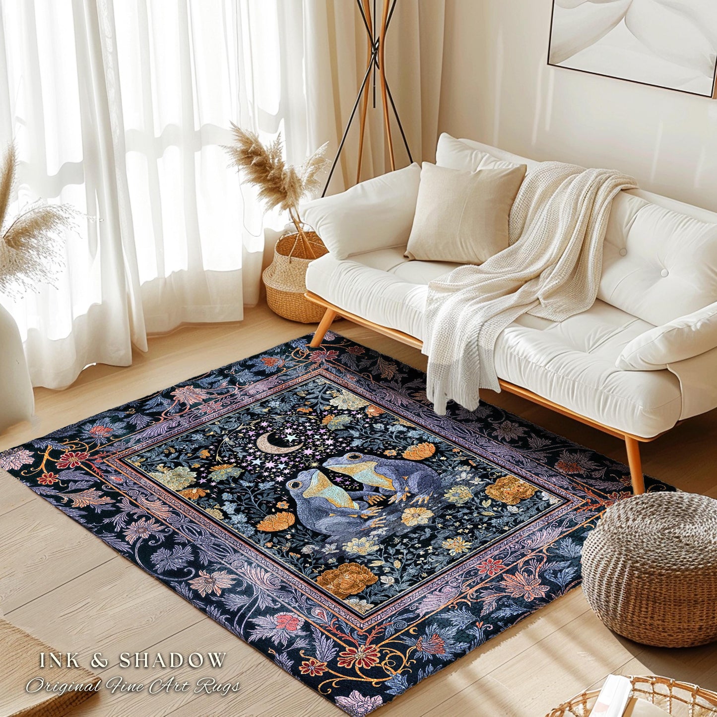 Dark Botanical Twilight Frogs Area Rug | Mystical Folklore Bedroom Whimsigoth Aesthetic Cottagecore Fairycore Creatures Bohemian Celestial |