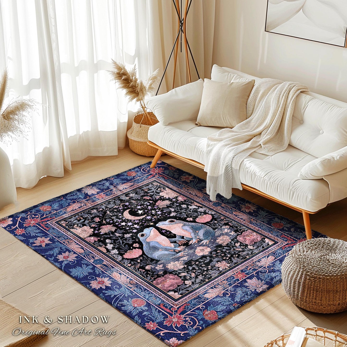 Fairy Aesthetic Frog Couple Accent Rug | Mystic Bedroom Area Fairycore Theme Cottagecore Elegance Enchanted Night Whimsigothic Floral Pastel