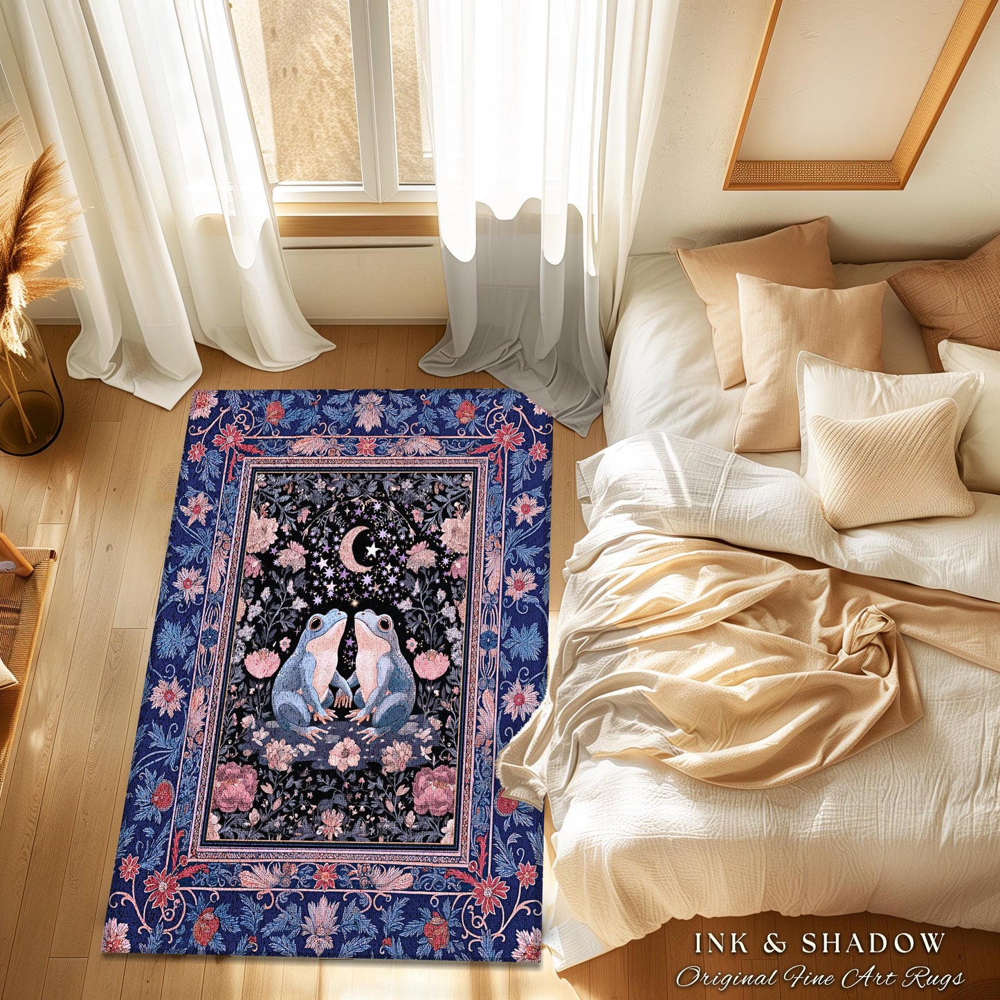 Fairy Aesthetic Frog Couple Accent Rug | Mystic Bedroom Area Fairycore Theme Cottagecore Elegance Enchanted Night Whimsigothic Floral Pastel