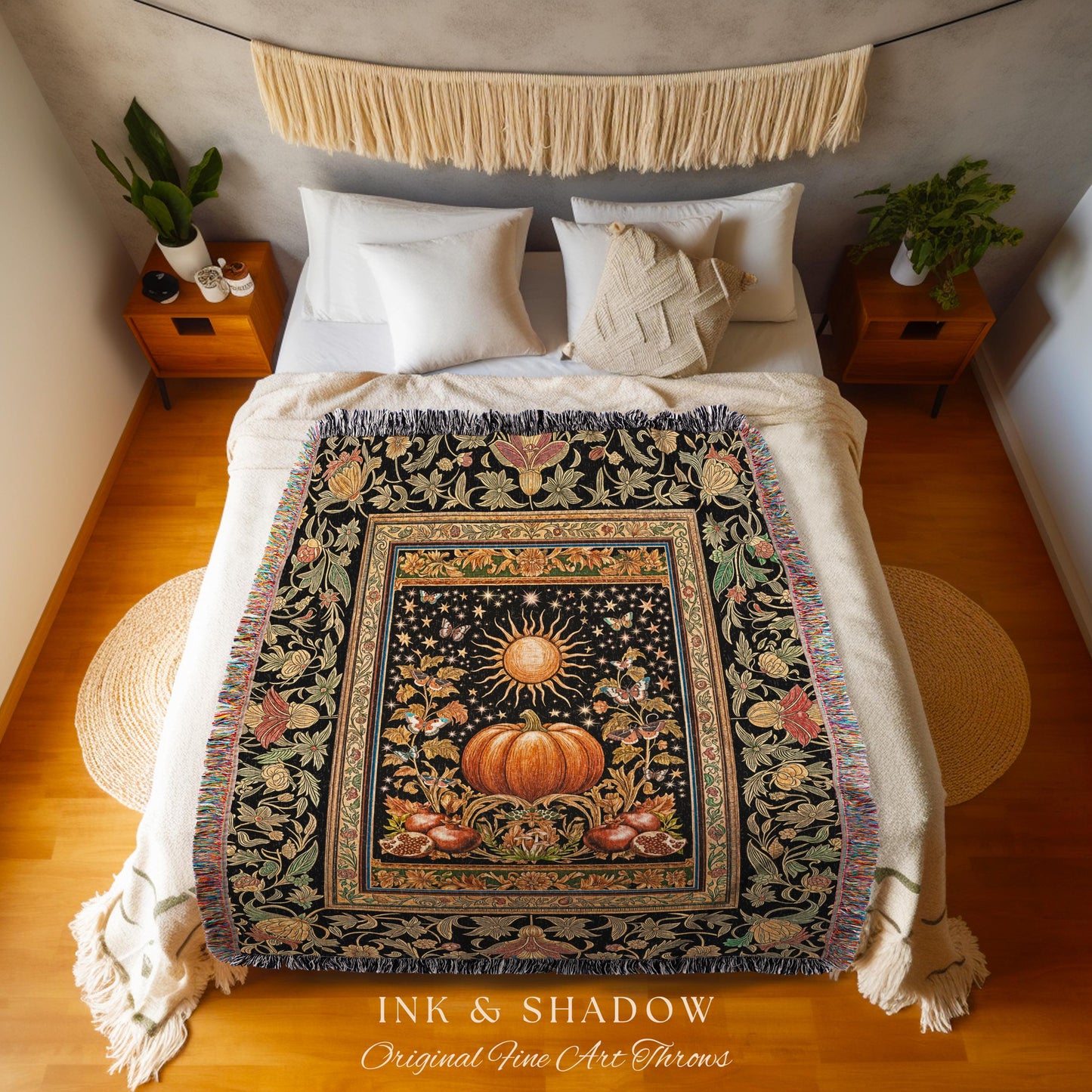 Rustic Harvest Aesthetic Pumpkin Blanket | Autumn Folklore Woven Throw Cozy Autumn Blanket Rustic Fall Room Vintage Tapestry Whimsical Decor