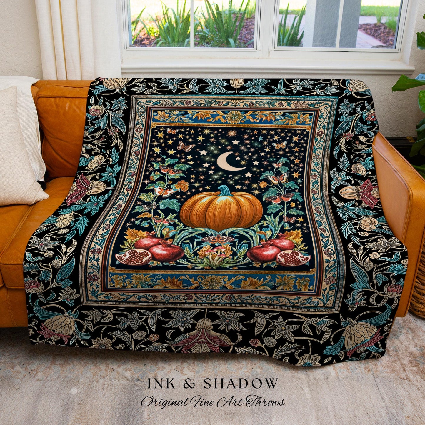 Moon Celestial Magic Woven Tapestry | Mystical Pumpkin Pomegranate Blanket Gothic Throw Autumnal Decor Witchy Accent Enchanting Aesthetic
