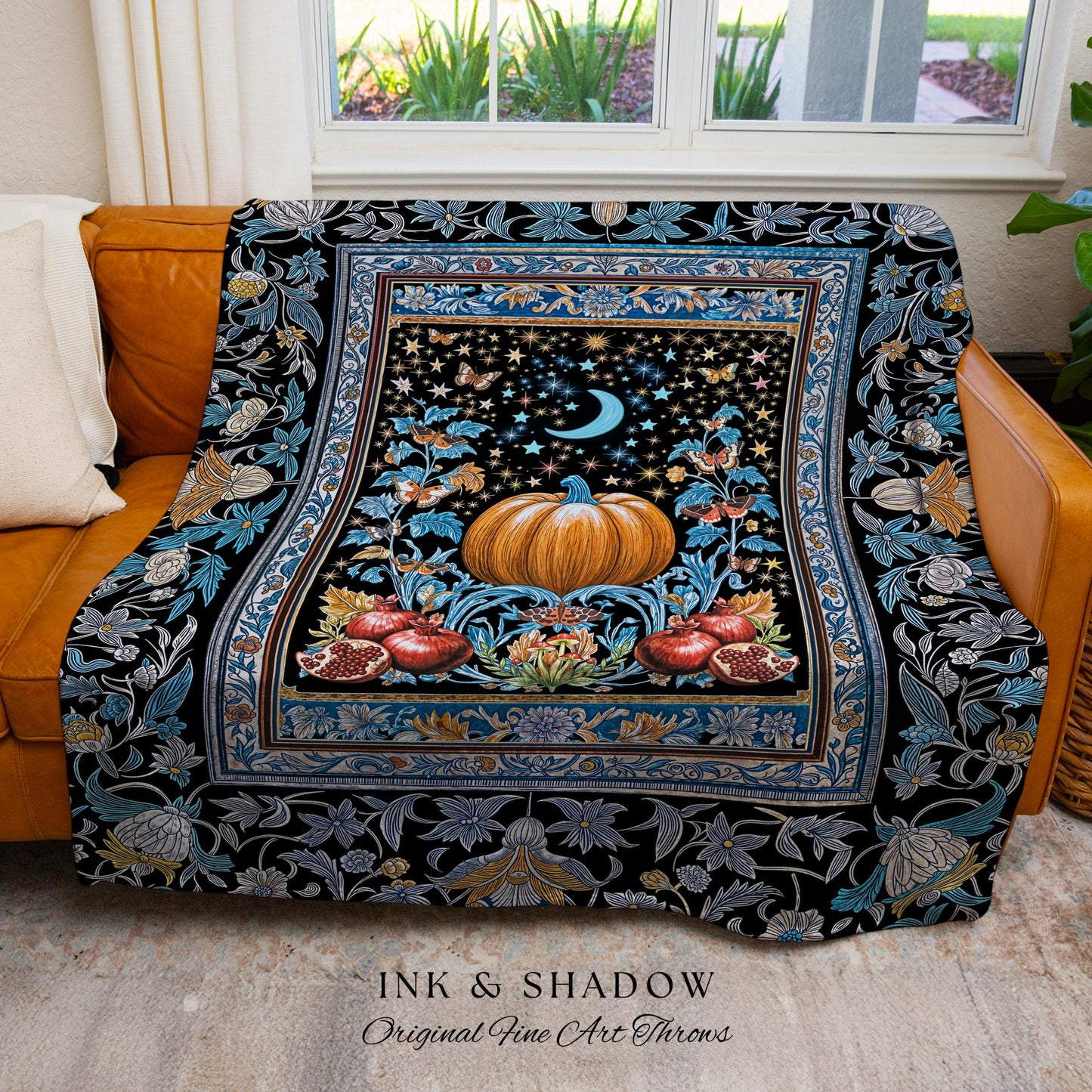Blue Moon Pomegranate Pumpkin Blanket | Cozy Gothic Autumn Tapestry Spooky Throw Mystical Accent Cozy Night Sky Decor Witchy Boho Harvest |