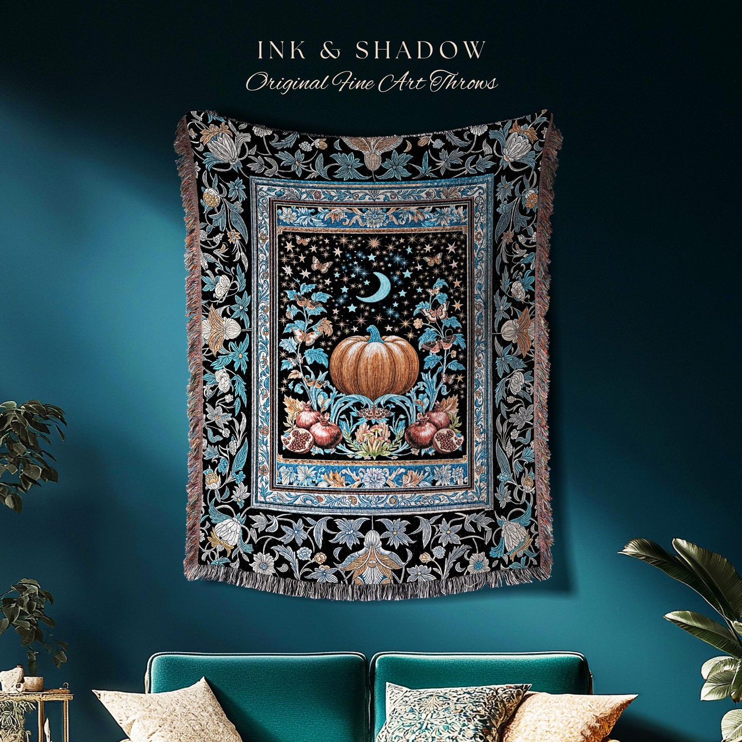Blue Moon Pomegranate Pumpkin Blanket | Cozy Gothic Autumn Tapestry Spooky Throw Mystical Accent Cozy Night Sky Decor Witchy Boho Harvest |