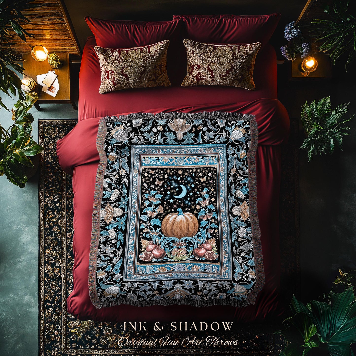 Blue Moon Pomegranate Pumpkin Blanket | Cozy Gothic Autumn Tapestry Spooky Throw Mystical Accent Cozy Night Sky Decor Witchy Boho Harvest |