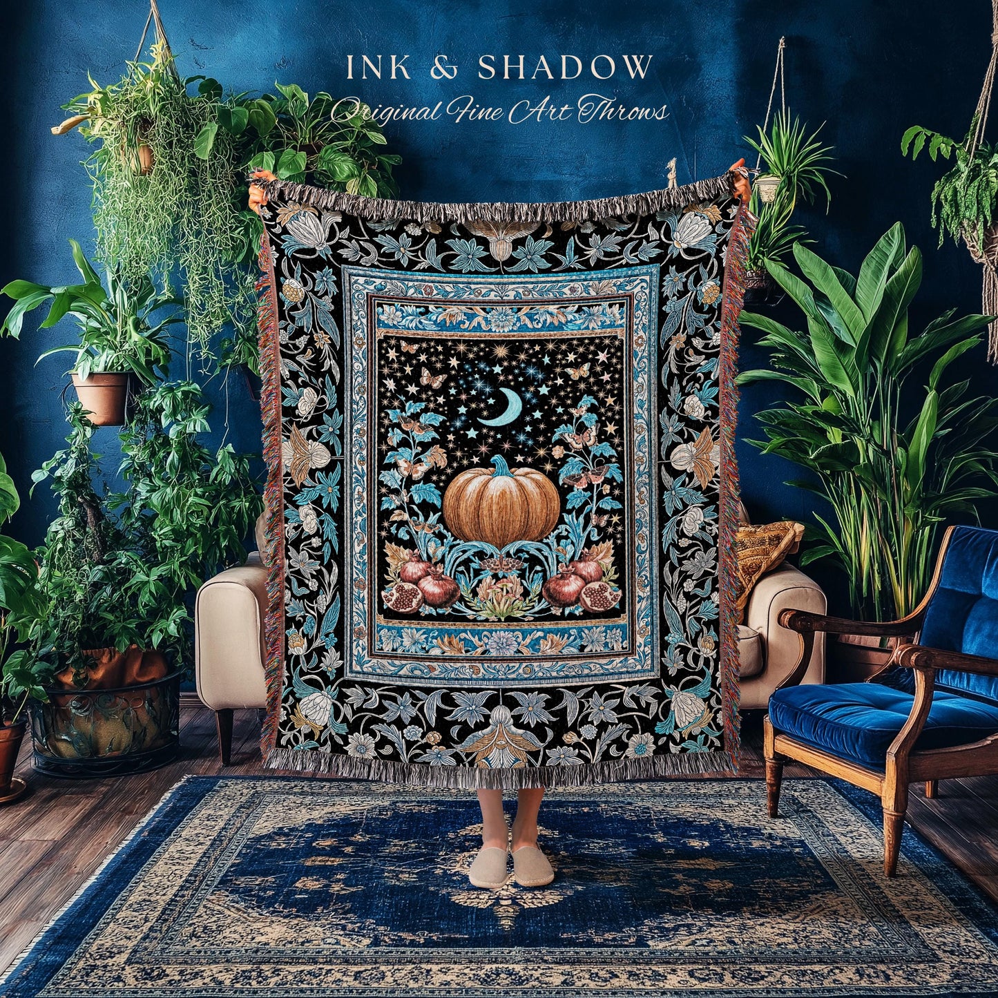 Blue Moon Pomegranate Pumpkin Blanket | Cozy Gothic Autumn Tapestry Spooky Throw Mystical Accent Cozy Night Sky Decor Witchy Boho Harvest |
