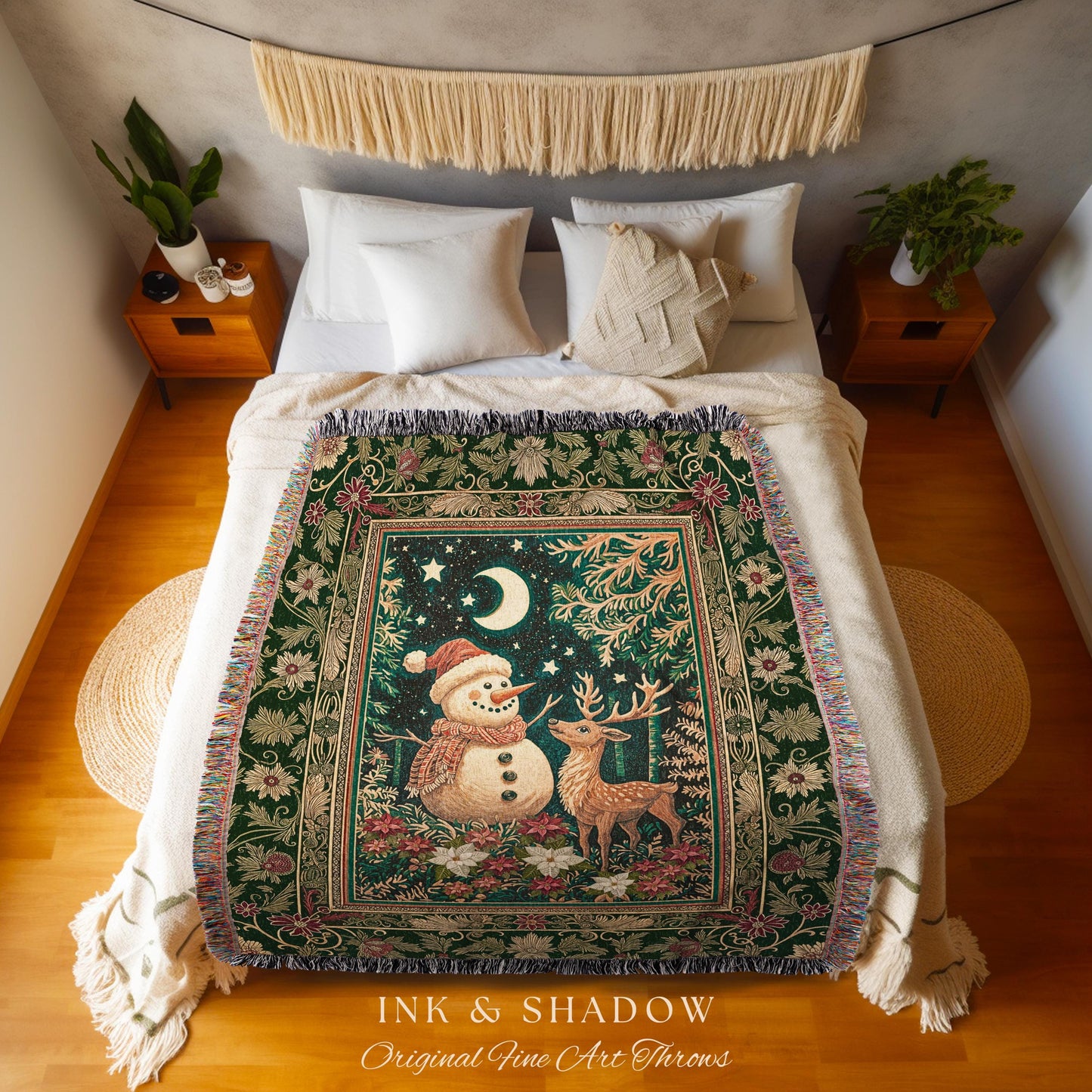Starlit Snowman Retro Xmas Blanket | Cozy Festive Decor Holiday Tapestry Warm Winter Nostalgic Reindeer Coverlet Nordic Style Reindeer Art |