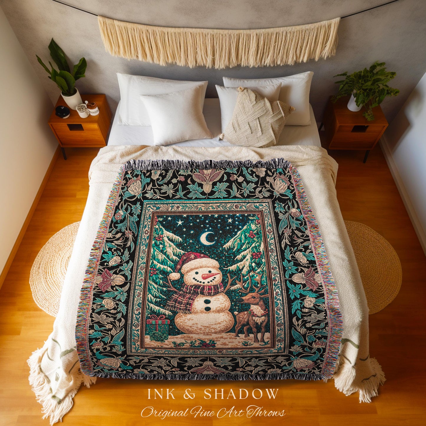 Frosty Folk Art Woven Snowman Blanket | Cozy Winter Throw Christmas Cabin Xmas Wall Tapestry Reindeer Folk Art Nostalgic Holiday Throw |