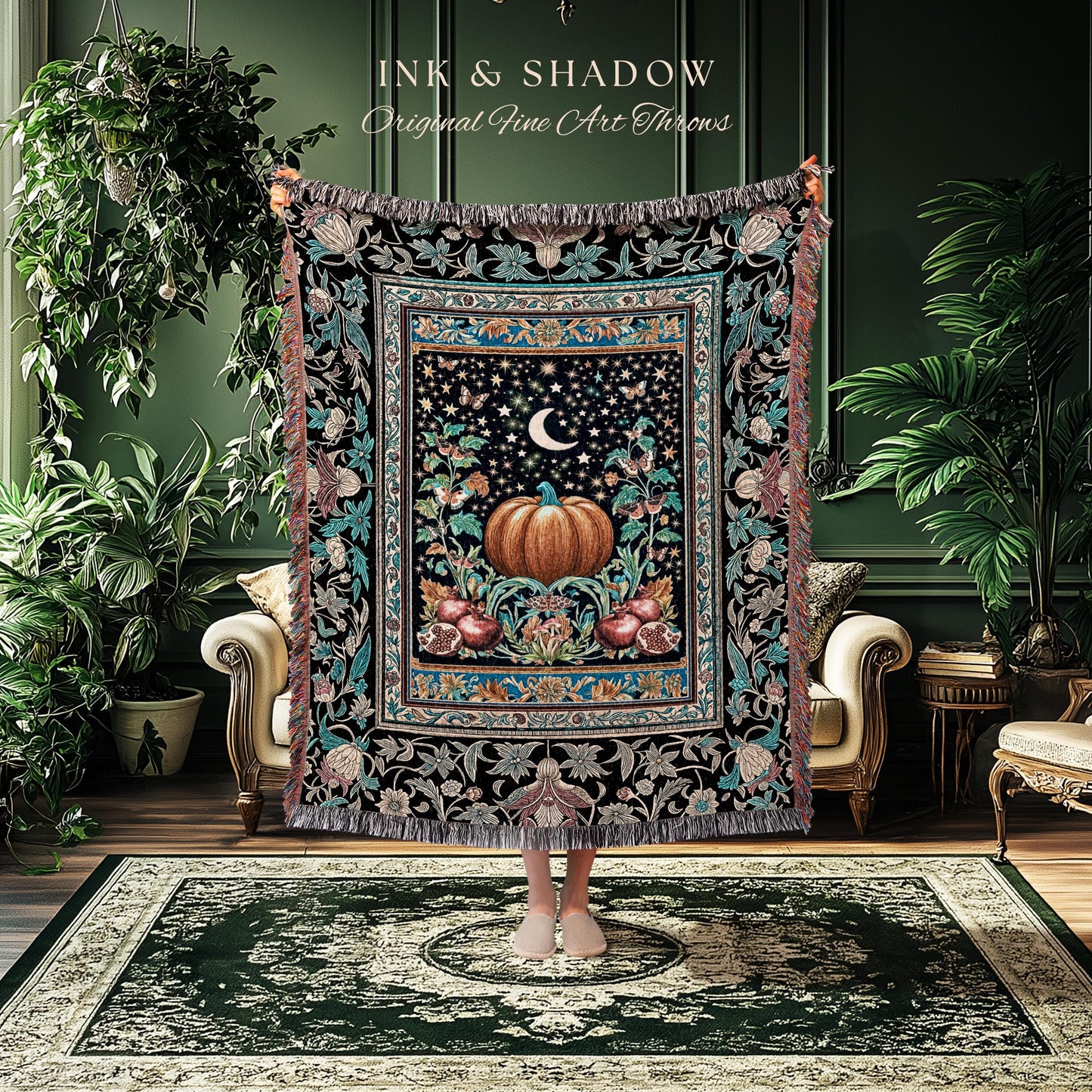 Moon Celestial Magic Woven Tapestry | Mystical Pumpkin Pomegranate Blanket Gothic Throw Autumnal Decor Witchy Accent Enchanting Aesthetic