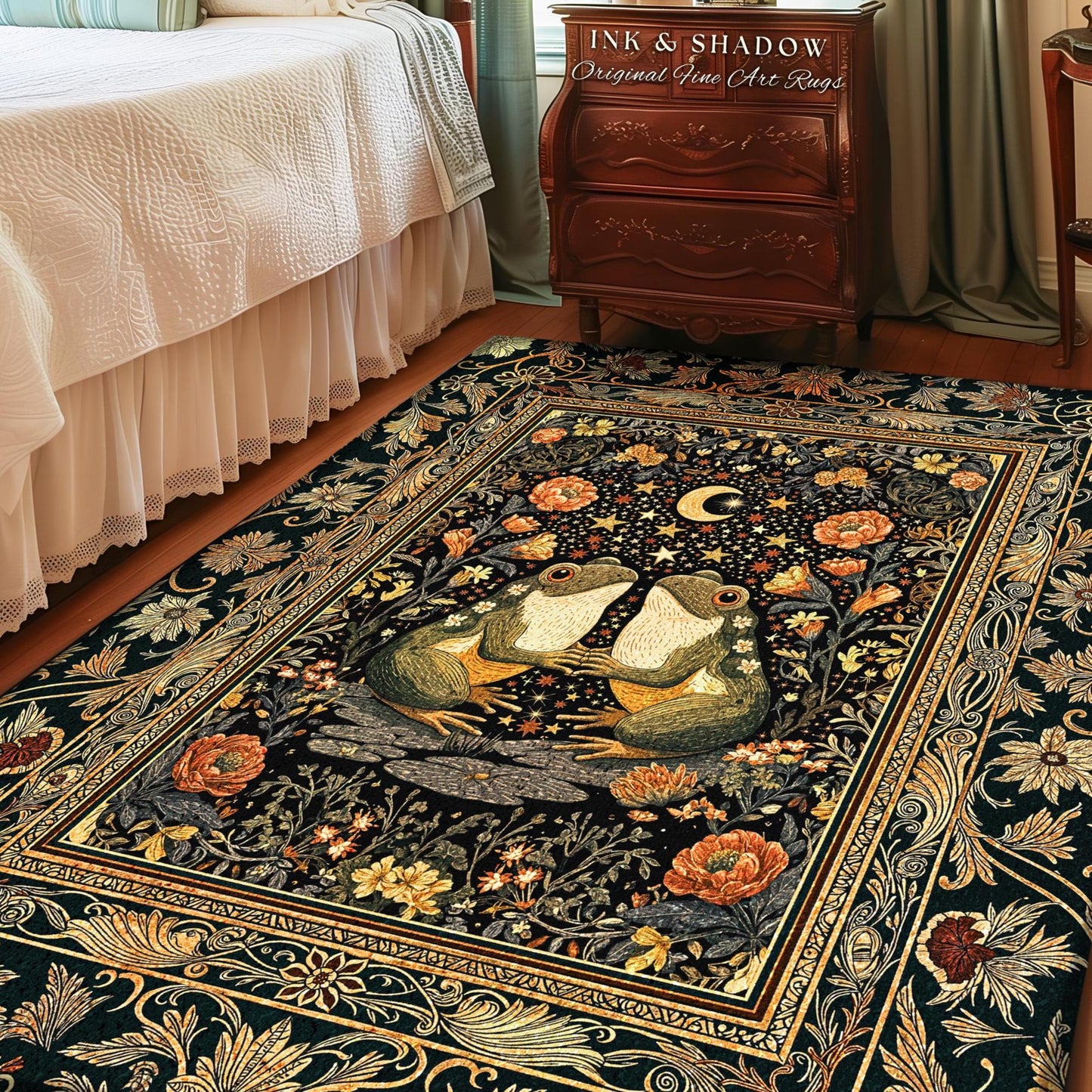 Folklore Aesthetic Frog Area Rug | Scandi Bohemian Bedroom Accent Whimsical Eclectic Woodland Theme Cute Cottagecore Style Mushroomcore Art