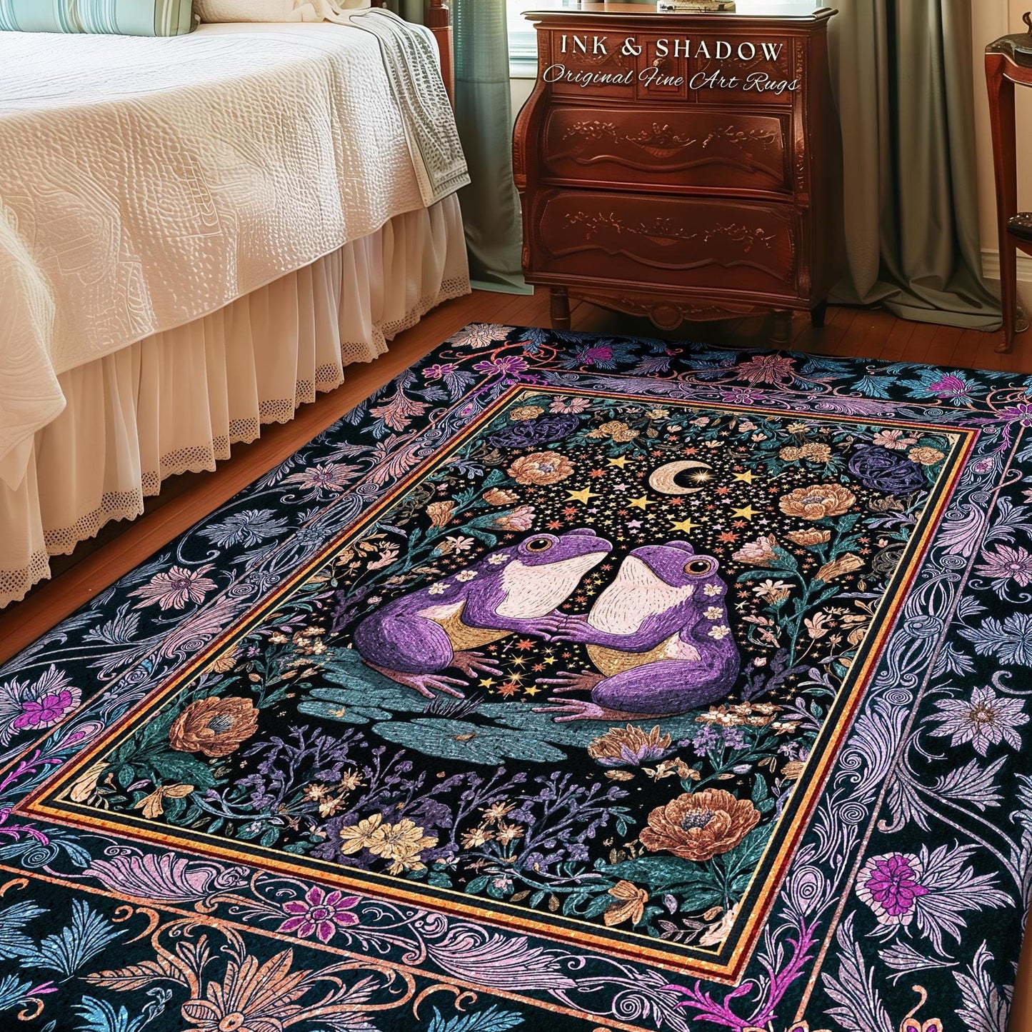 Enchanted Garden Frog Lover Accent Rug | Folklore Bedroom Area Mystical Fantasy Cottagecore Style Fairycore Decor Celestial Nature Whimsical