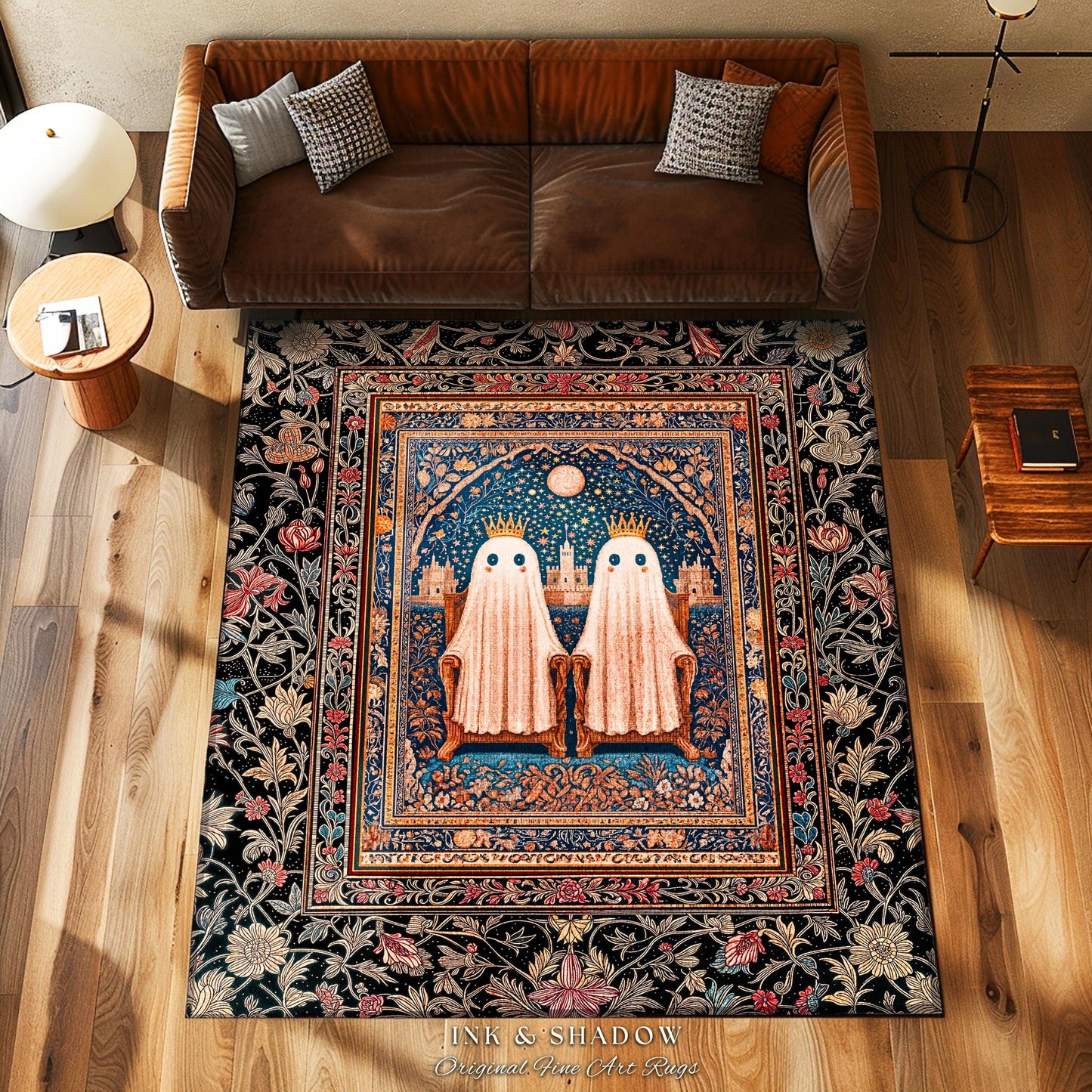 Kindred Spirits Royal Area Rug | Cute Halloween Home Accent Cozy Gothic Decor Dark Academia Style Ghost Motif Rug Whimsigoth Decor Bohemian