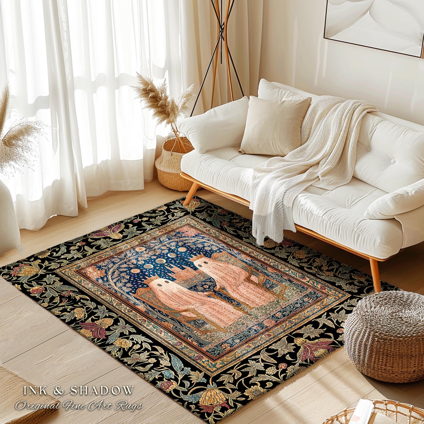 Gothic Celestial Ghost Couple Area Rug | Gothic Decor Dark Academia Style Spooky Cute Haunted Botanical Aesthetic Whimsigoth Witchy Bedroom