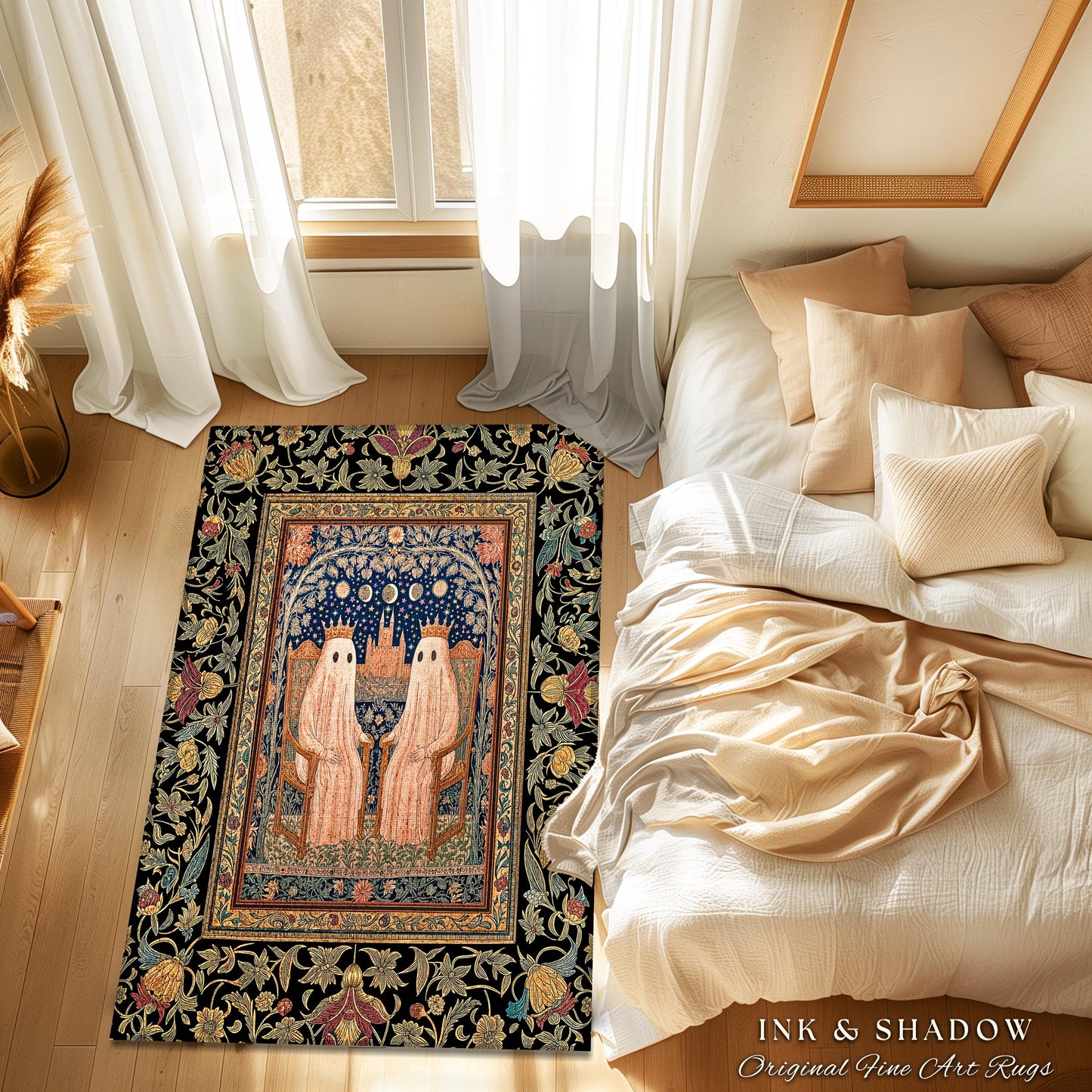 Gothic Celestial Ghost Couple Area Rug | Gothic Decor Dark Academia Style Spooky Cute Haunted Botanical Aesthetic Whimsigoth Witchy Bedroom